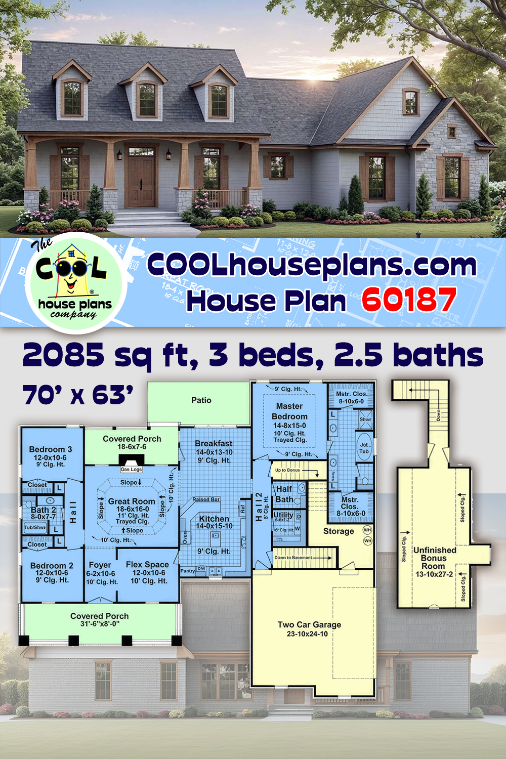 Country, Craftsman, New American House Plan 60187 with 3 Beds, 3 Baths, 2 Car Garage