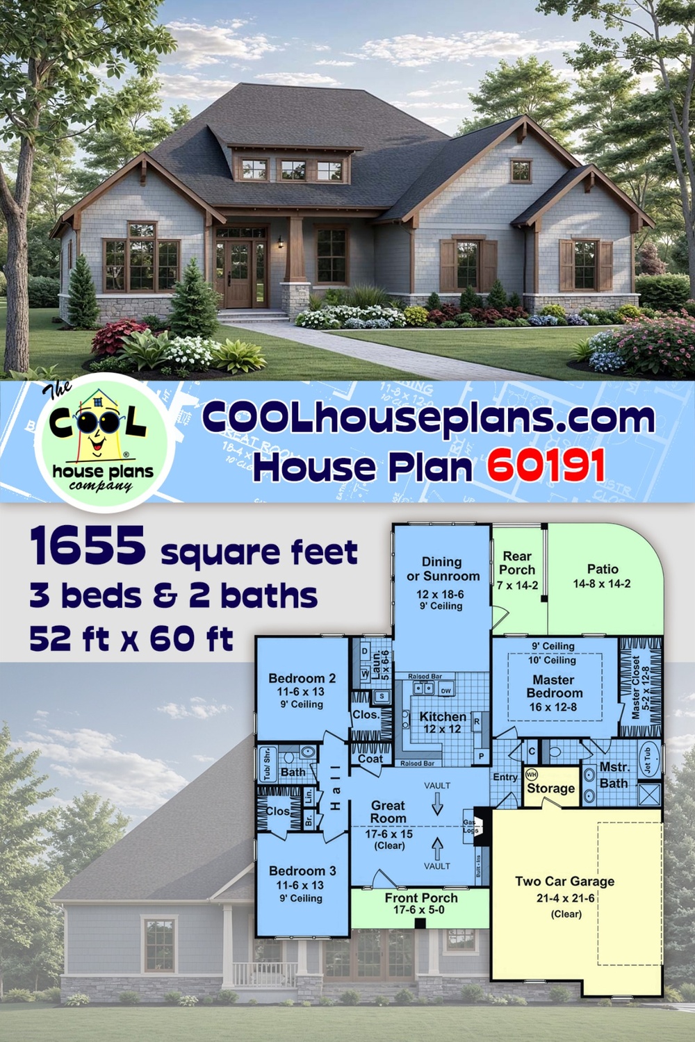 Cottage, Country, Craftsman, Farmhouse House Plan 60191 with 3 Beds, 2 Baths, 2 Car Garage