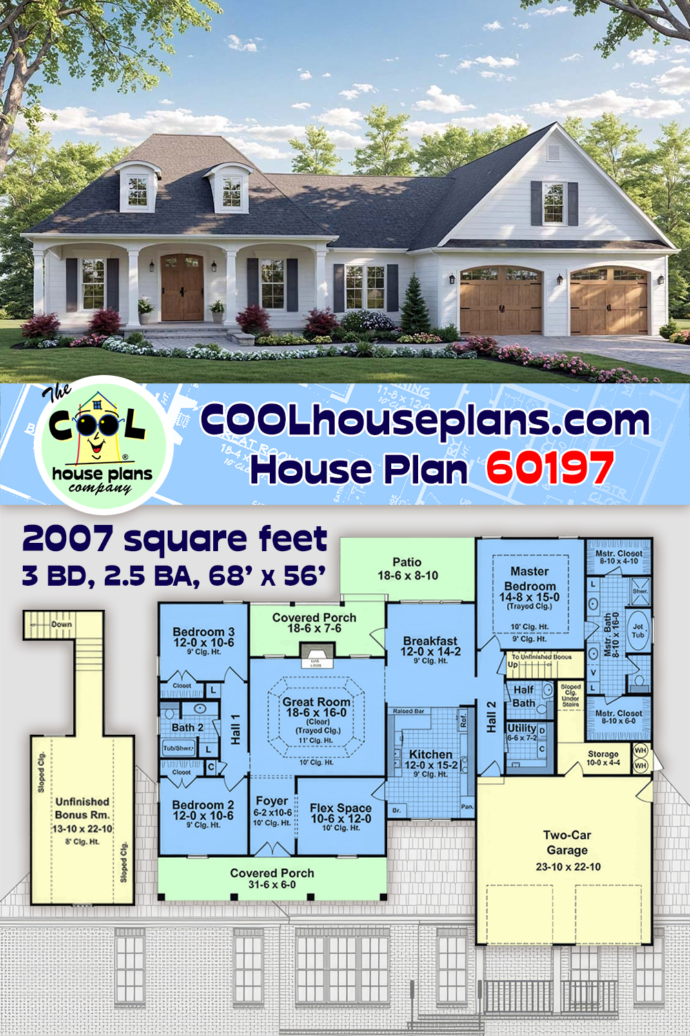 Acadian, French Country House Plan 60197 with 3 Beds, 3 Baths, 2 Car Garage