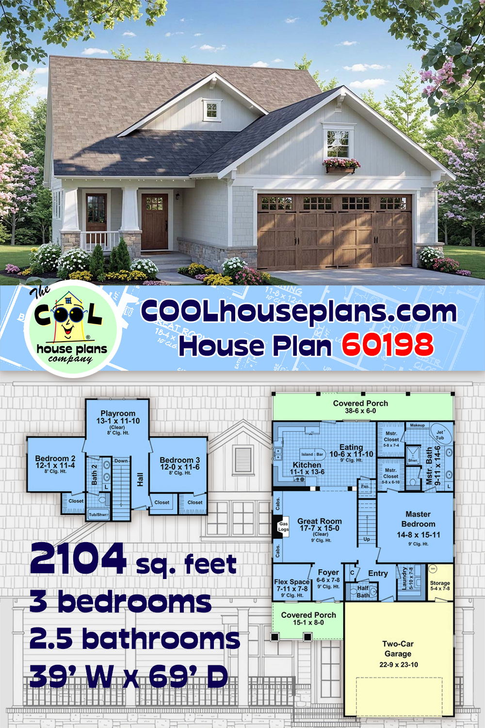 Cottage, Country, Craftsman House Plan 60198 with 3 Beds, 3 Baths, 2 Car Garage