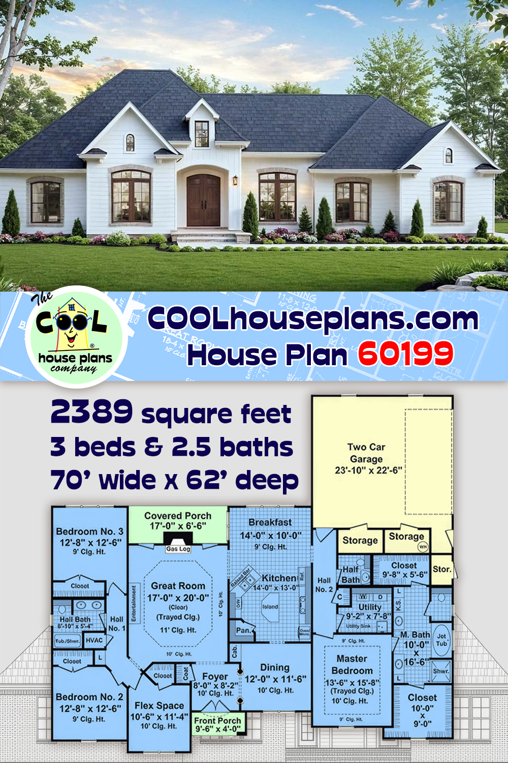Farmhouse, Ranch, Traditional House Plan 60199 with 3 Beds, 3 Baths, 2 Car Garage