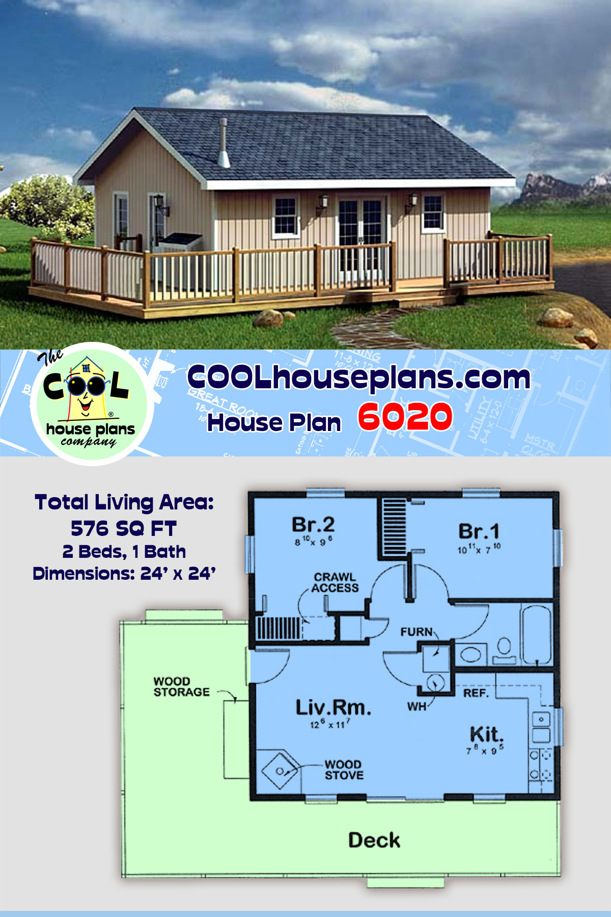 Cabin, Traditional House Plan 6020 with 2 Beds, 1 Baths