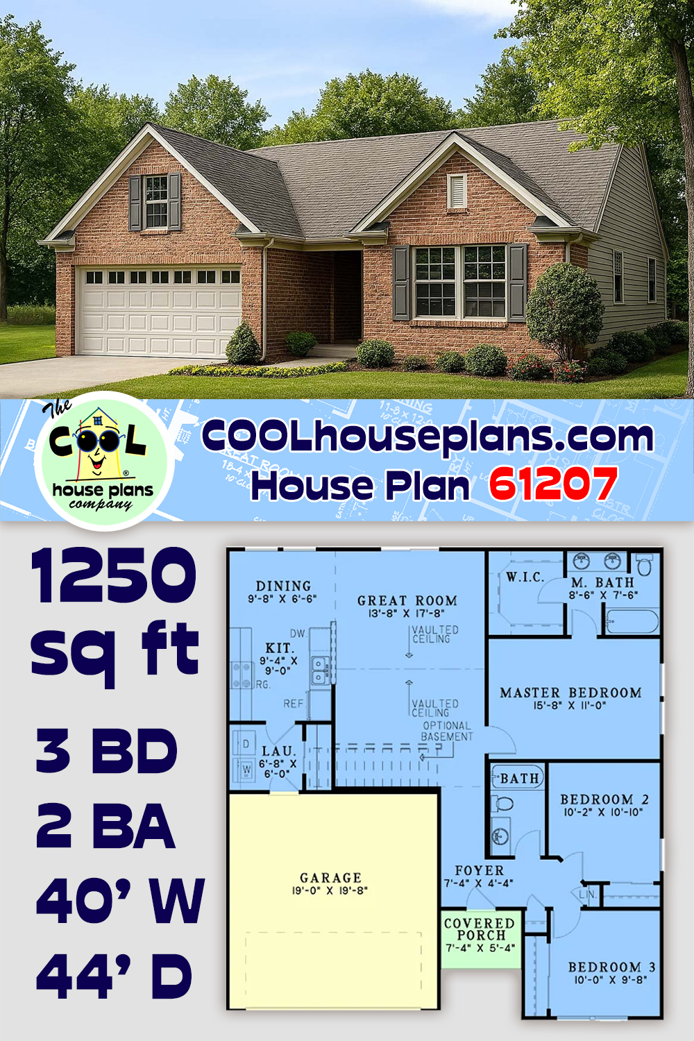 Narrow Lot, One-Story, Traditional House Plan 61207 with 3 Beds, 2 Baths, 2 Car Garage