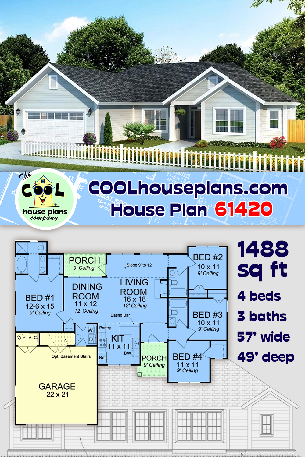 Cottage, Ranch, Traditional House Plan 61420 with 4 Beds, 3 Baths, 2 Car Garage