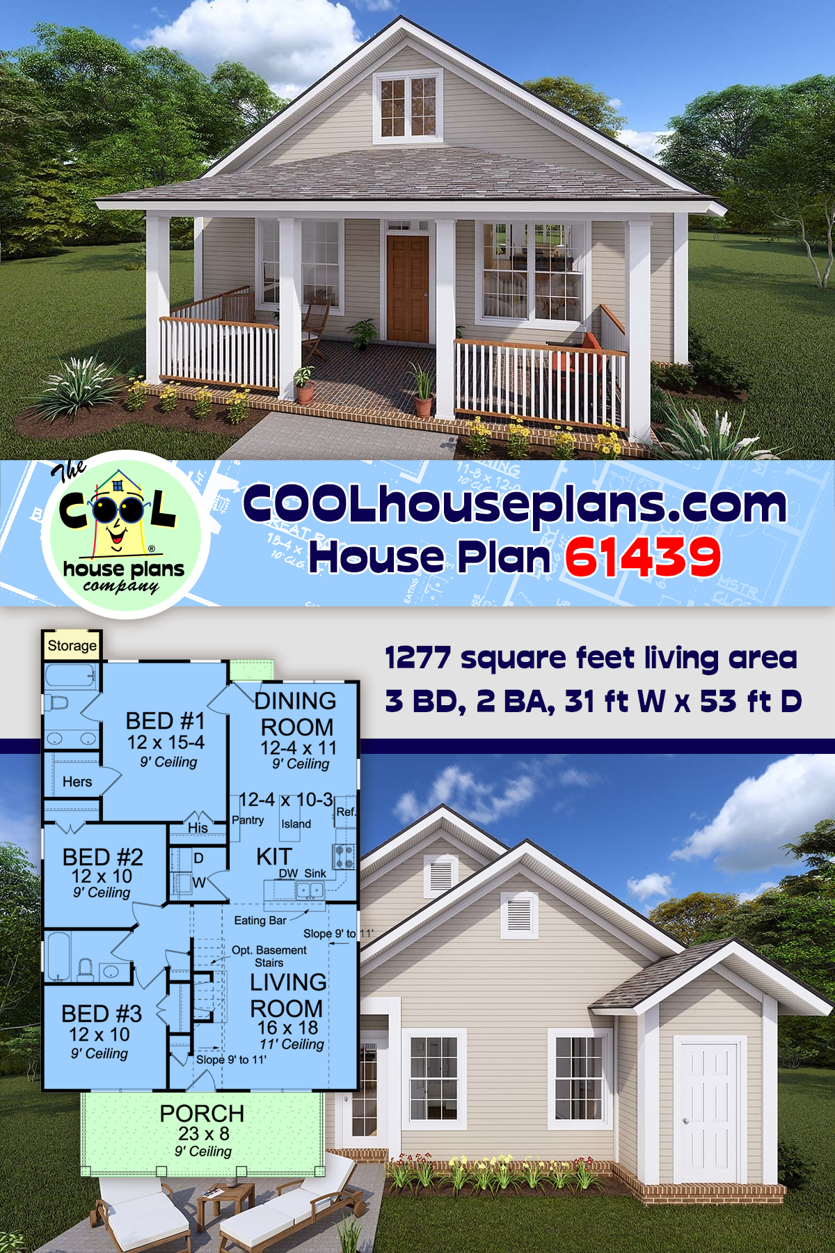 Cottage, Country, Southern, Traditional House Plan 61439 with 3 Beds, 2 Baths