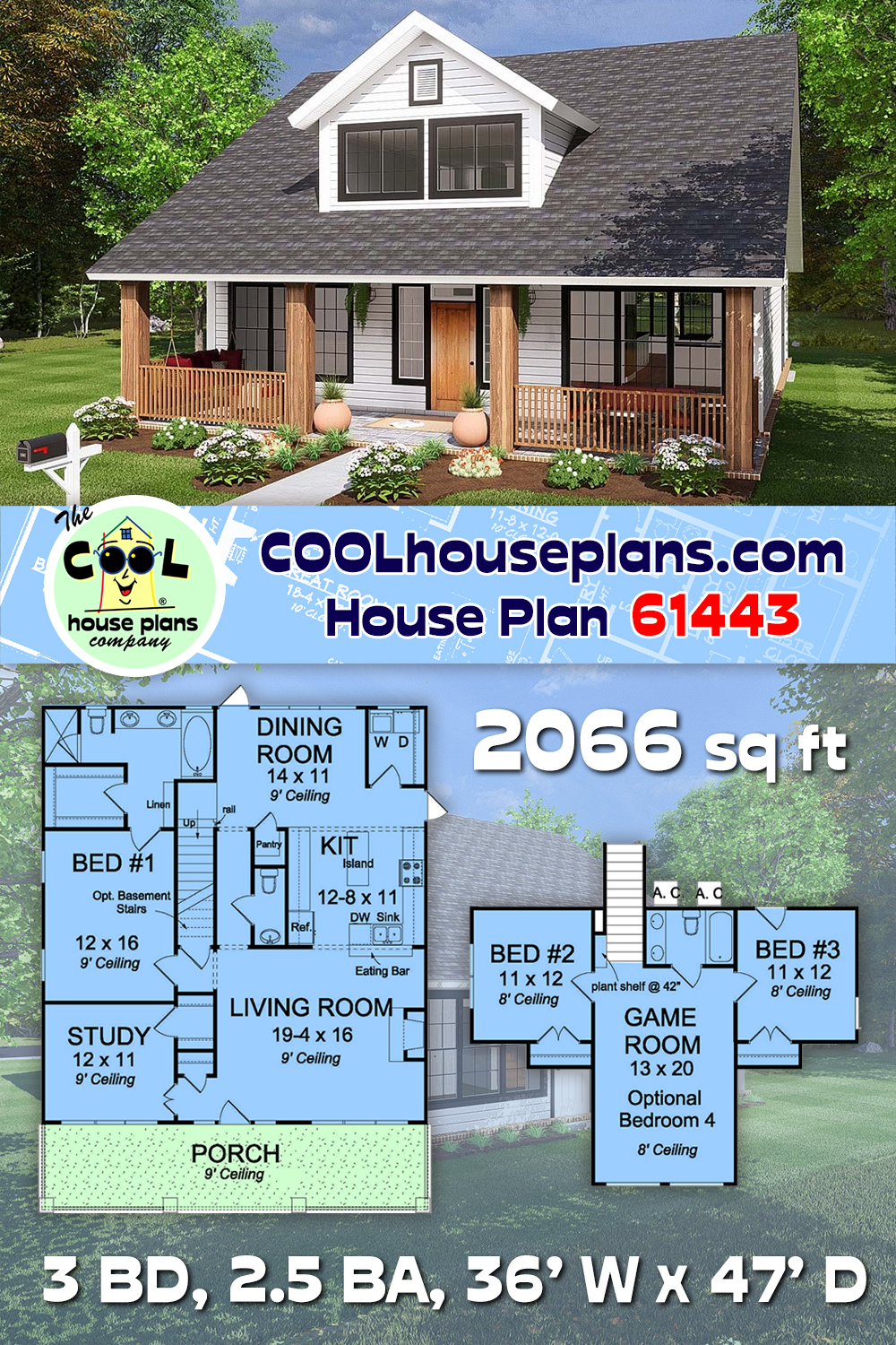 Cape Cod, Country, Southern, Traditional House Plan 61443 with 3 Beds, 3 Baths