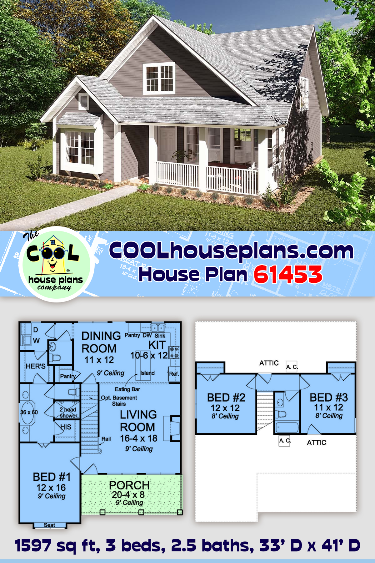 Cottage, Country, Traditional House Plan 61453 with 3 Beds, 3 Baths