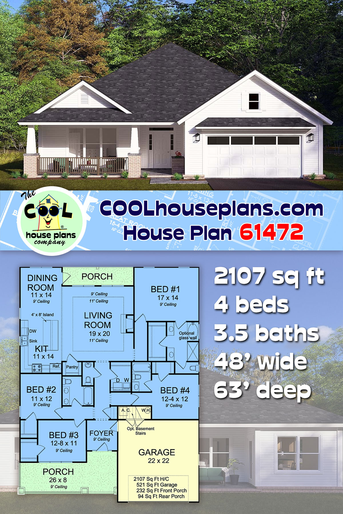 Bungalow, Country, Traditional House Plan 61472 with 4 Beds, 4 Baths, 2 Car Garage
