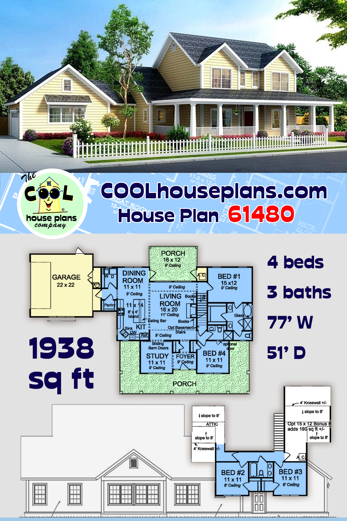 Country, Farmhouse, Southern, Traditional House Plan 61480 with 4 Beds, 3 Baths, 2 Car Garage