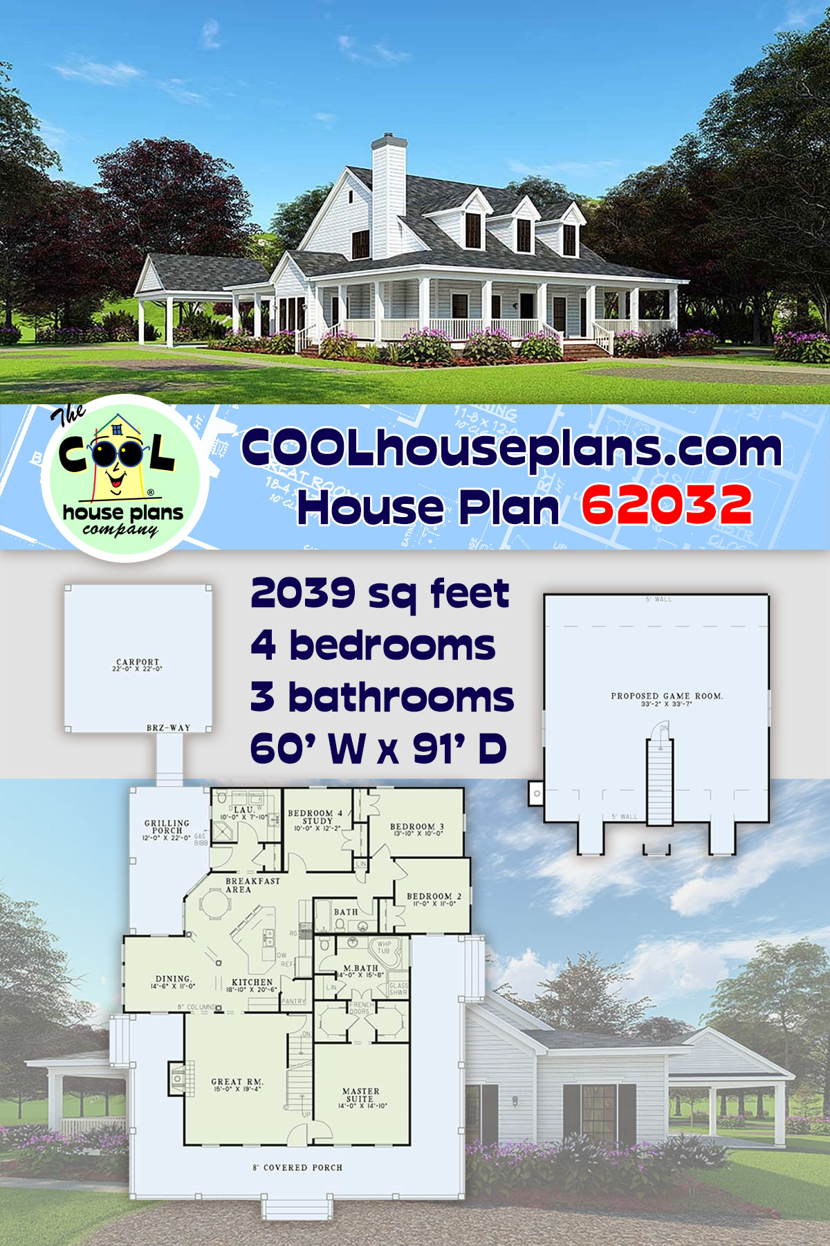 Country, Farmhouse, Southern House Plan 62032 with 4 Beds, 3 Baths, 2 Car Garage