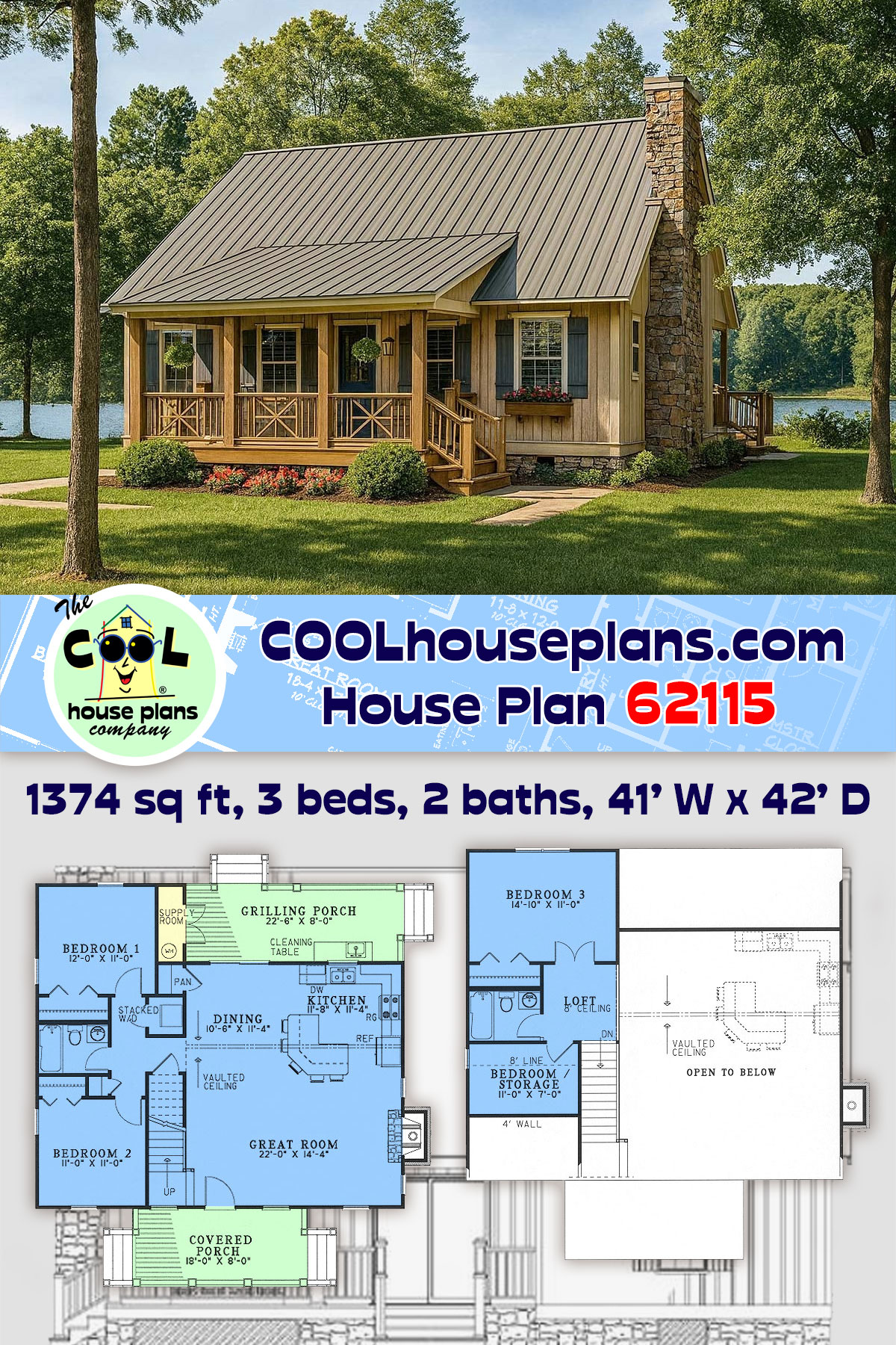 Cabin, Cottage, Country, Southern House Plan 62115 with 3 Beds, 2 Baths