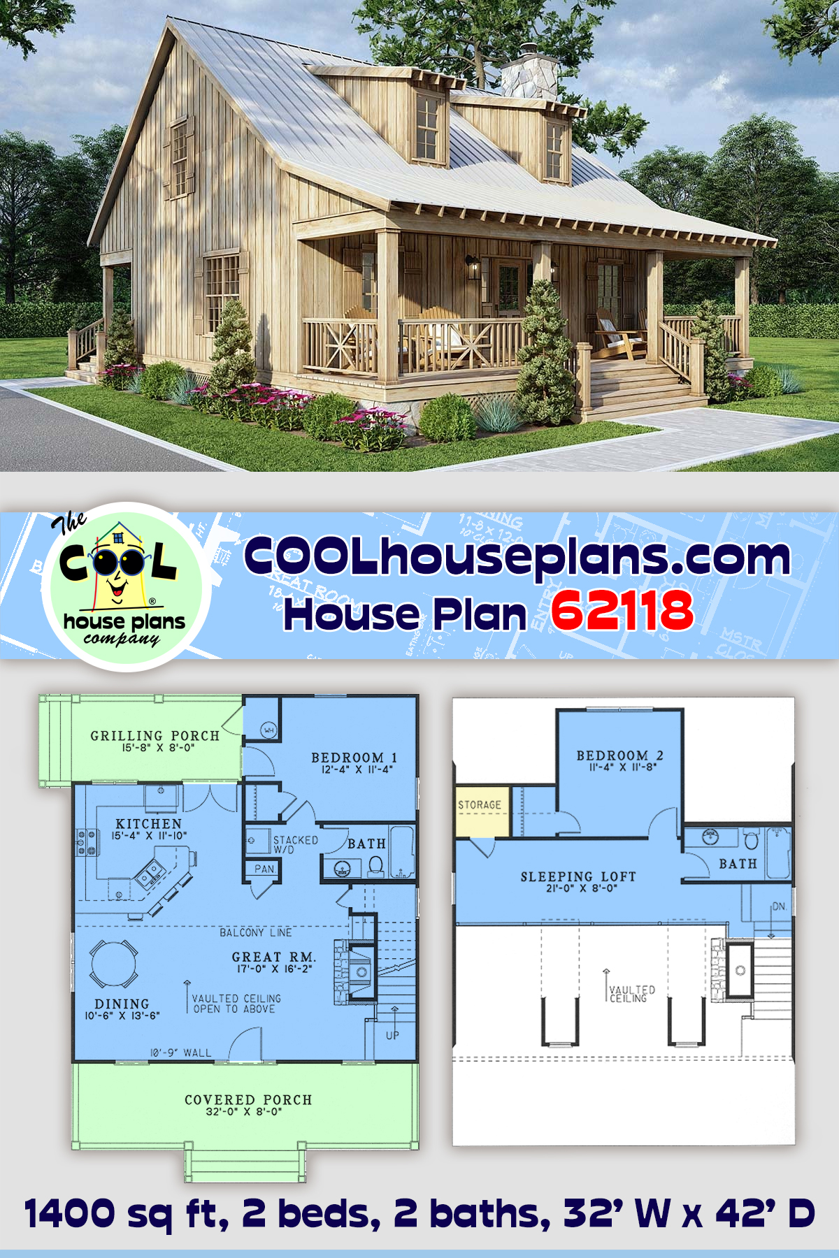 Cabin, Country, Southern House Plan 62118 with 2 Beds, 2 Baths