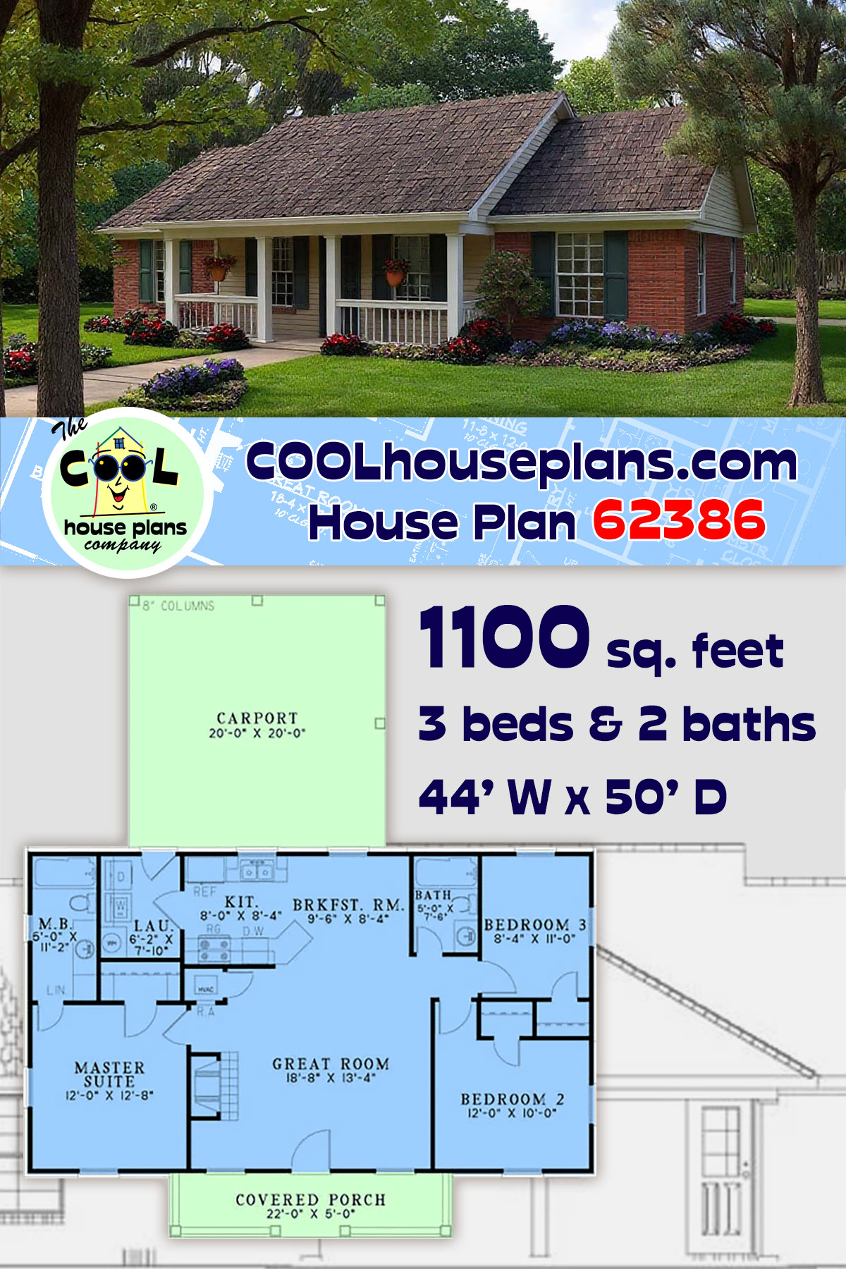 Country, Ranch House Plan 62386 with 3 Beds, 2 Baths