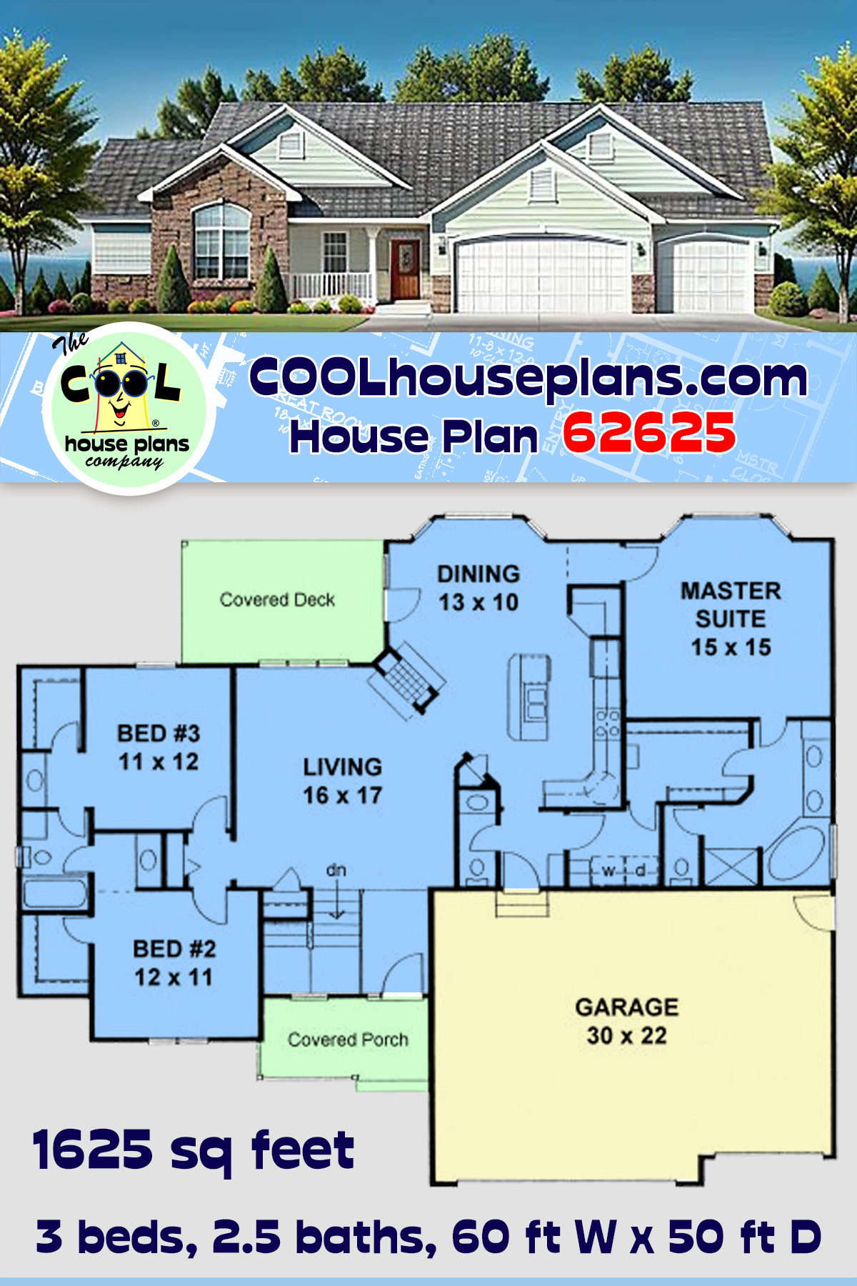 Ranch, Traditional House Plan 62625 with 3 Beds, 3 Baths, 3 Car Garage