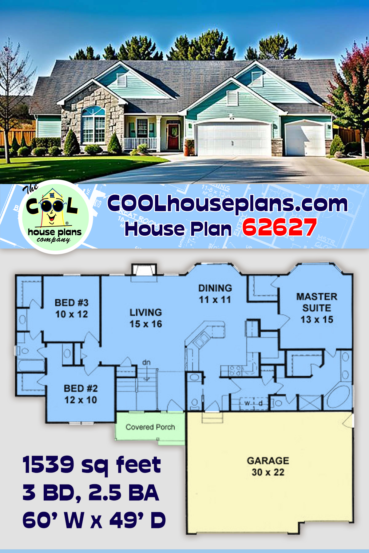 Craftsman, Ranch House Plan 62627 with 3 Beds, 3 Baths, 3 Car Garage Craftsman, Ranch House Plan 62627 with 3 Beds, 3 Baths, 3 Car Garage