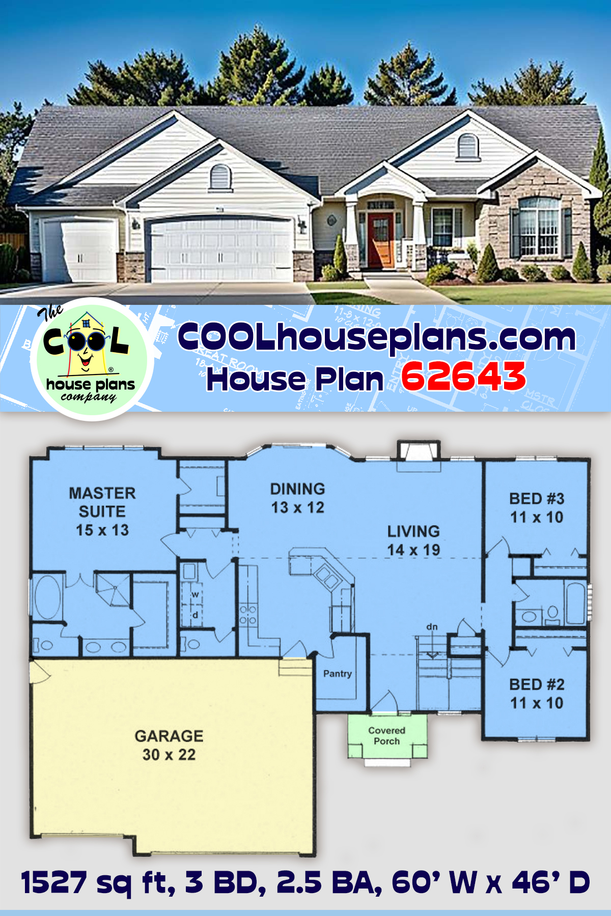 Traditional House Plan 62643 with 3 Beds, 3 Baths, 3 Car Garage