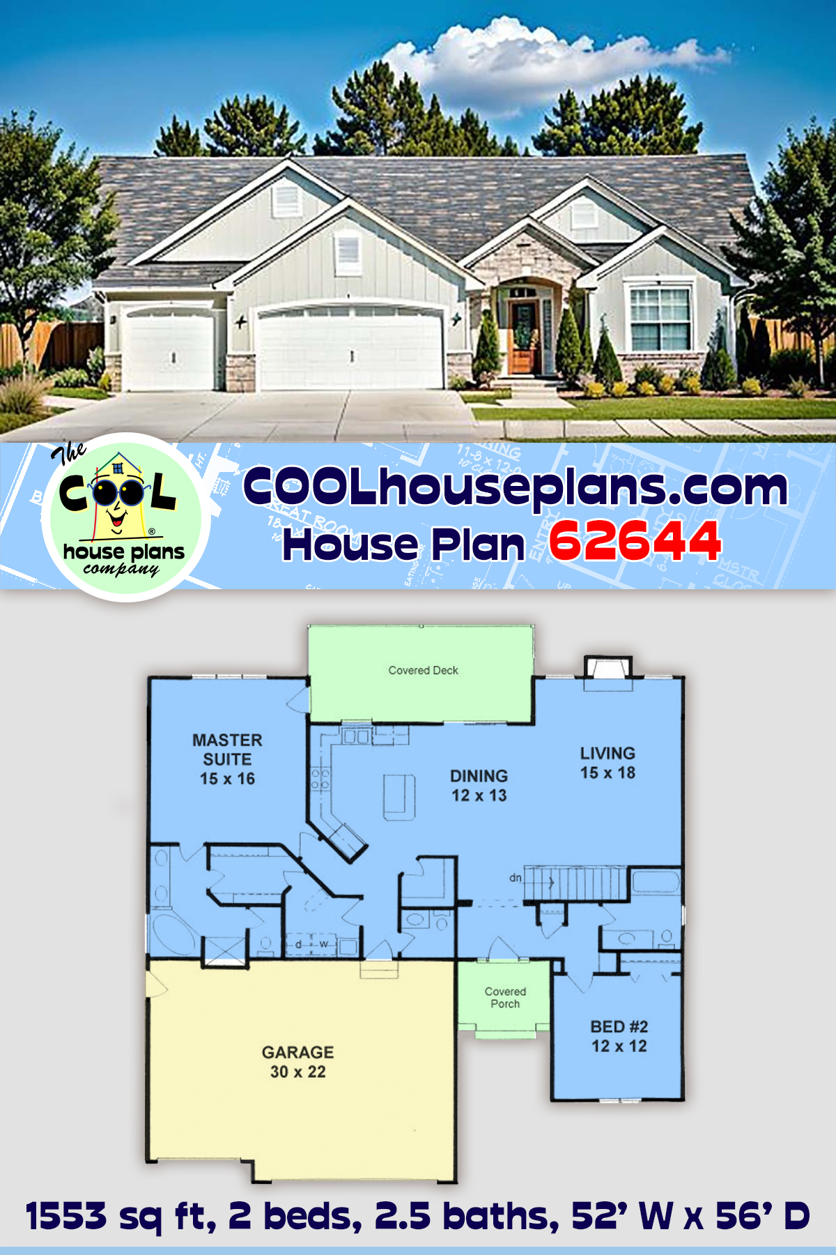 Traditional House Plan 62644 with 2 Beds, 3 Baths, 3 Car Garage