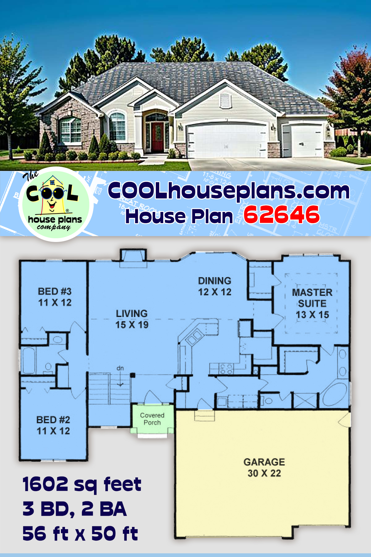 Traditional House Plan 62646 with 3 Beds, 2 Baths, 3 Car Garage