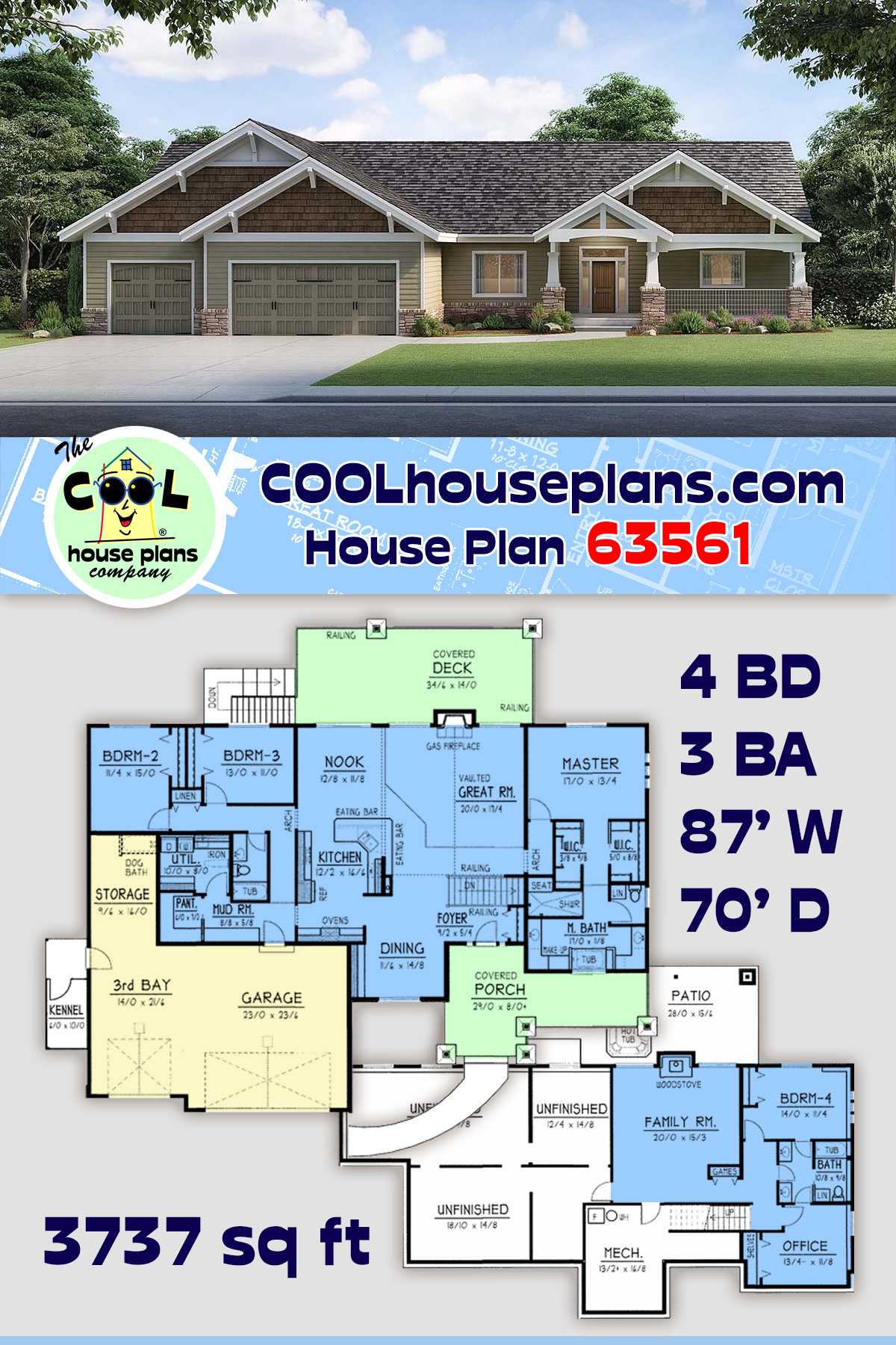 Craftsman House Plan 63561 with 4 Beds, 3 Baths, 3 Car Garage