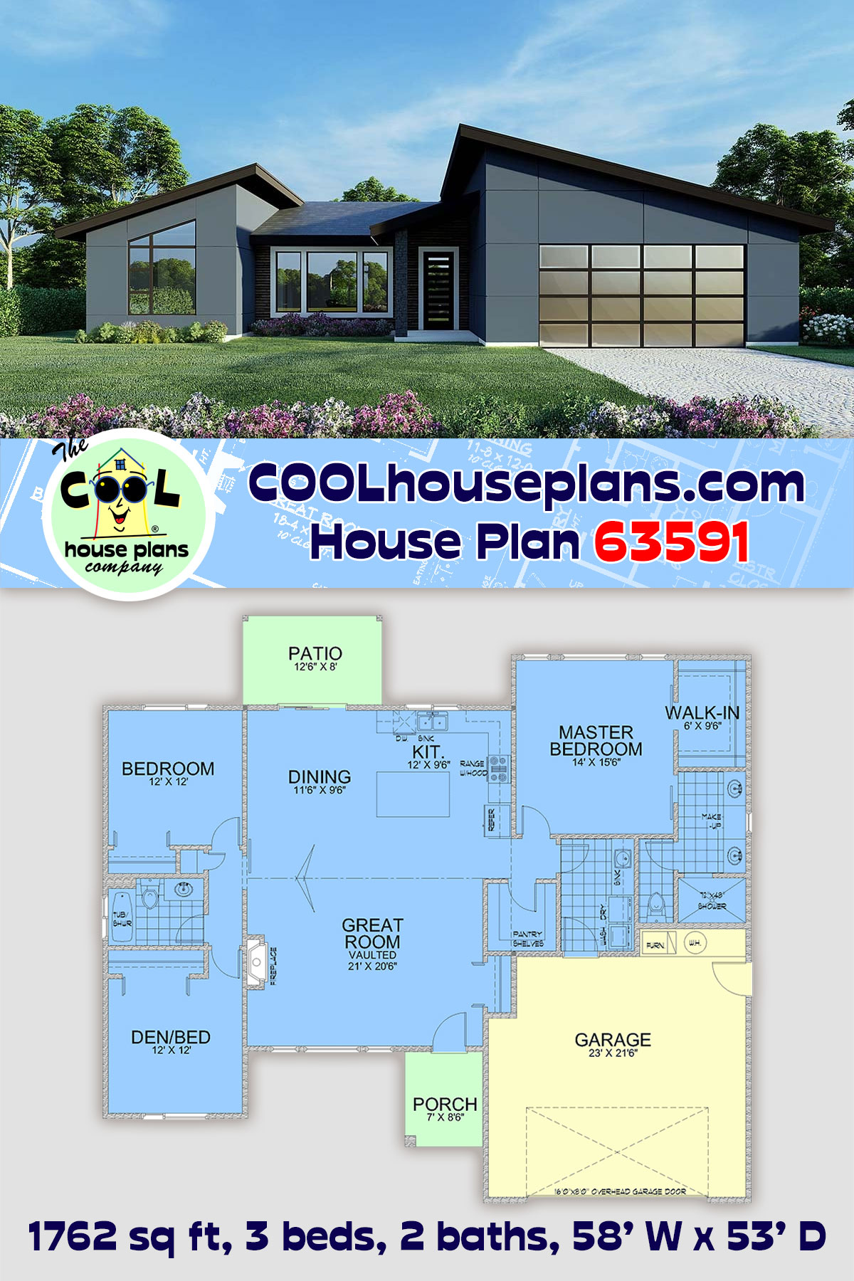 Contemporary, Modern House Plan 63591 with 3 Beds, 2 Baths, 2 Car Garage