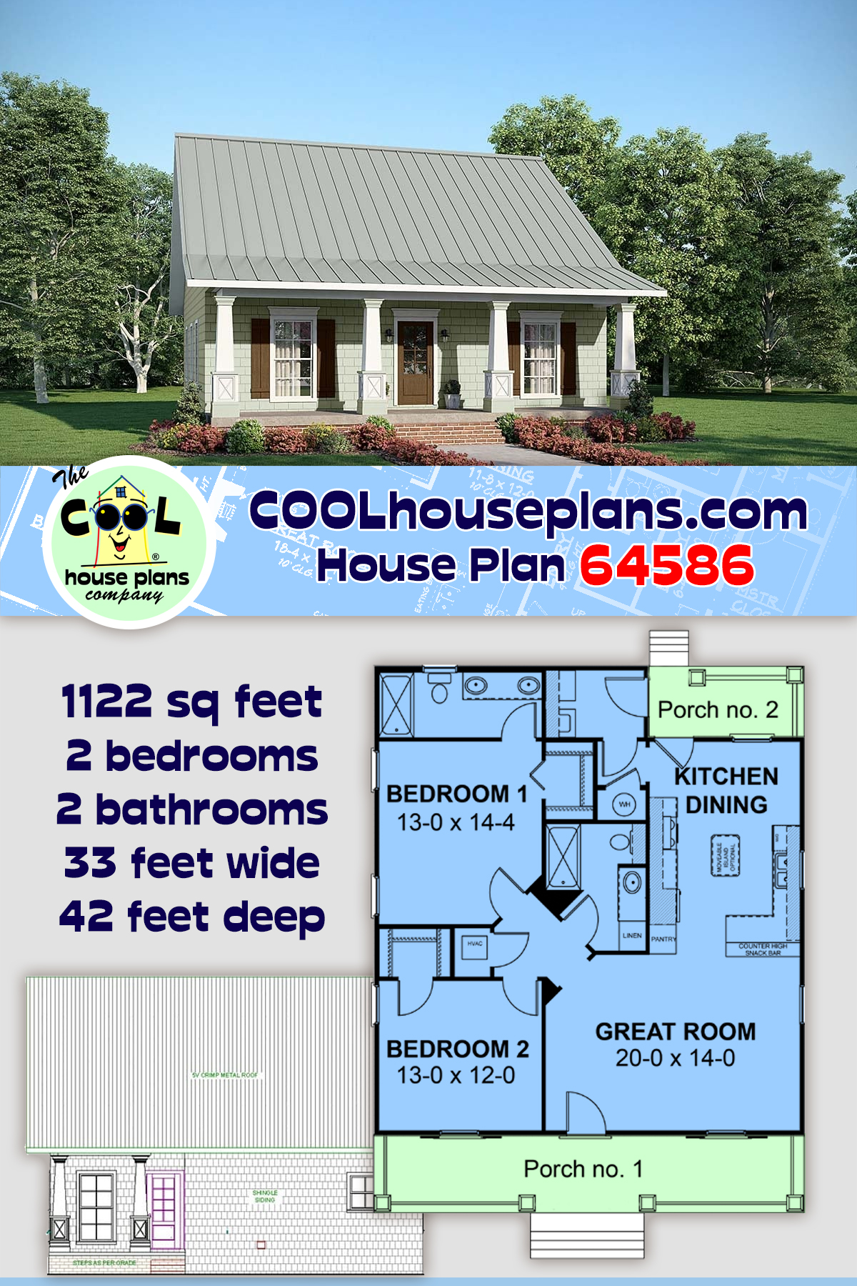 Cottage, Country House Plan 64586 with 2 Beds, 2 Baths