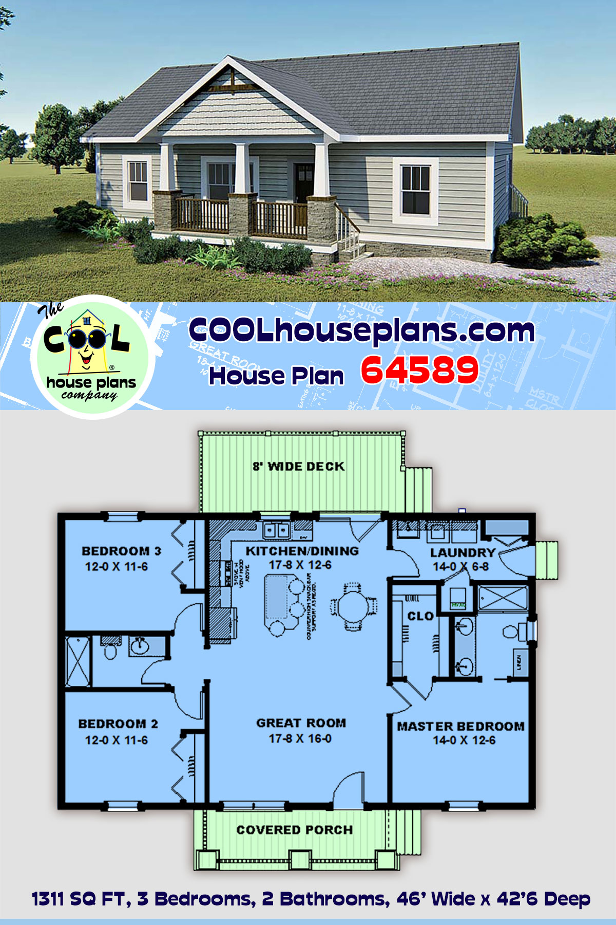 Bungalow, Country, Craftsman House Plan 64589 with 3 Beds, 2 Baths