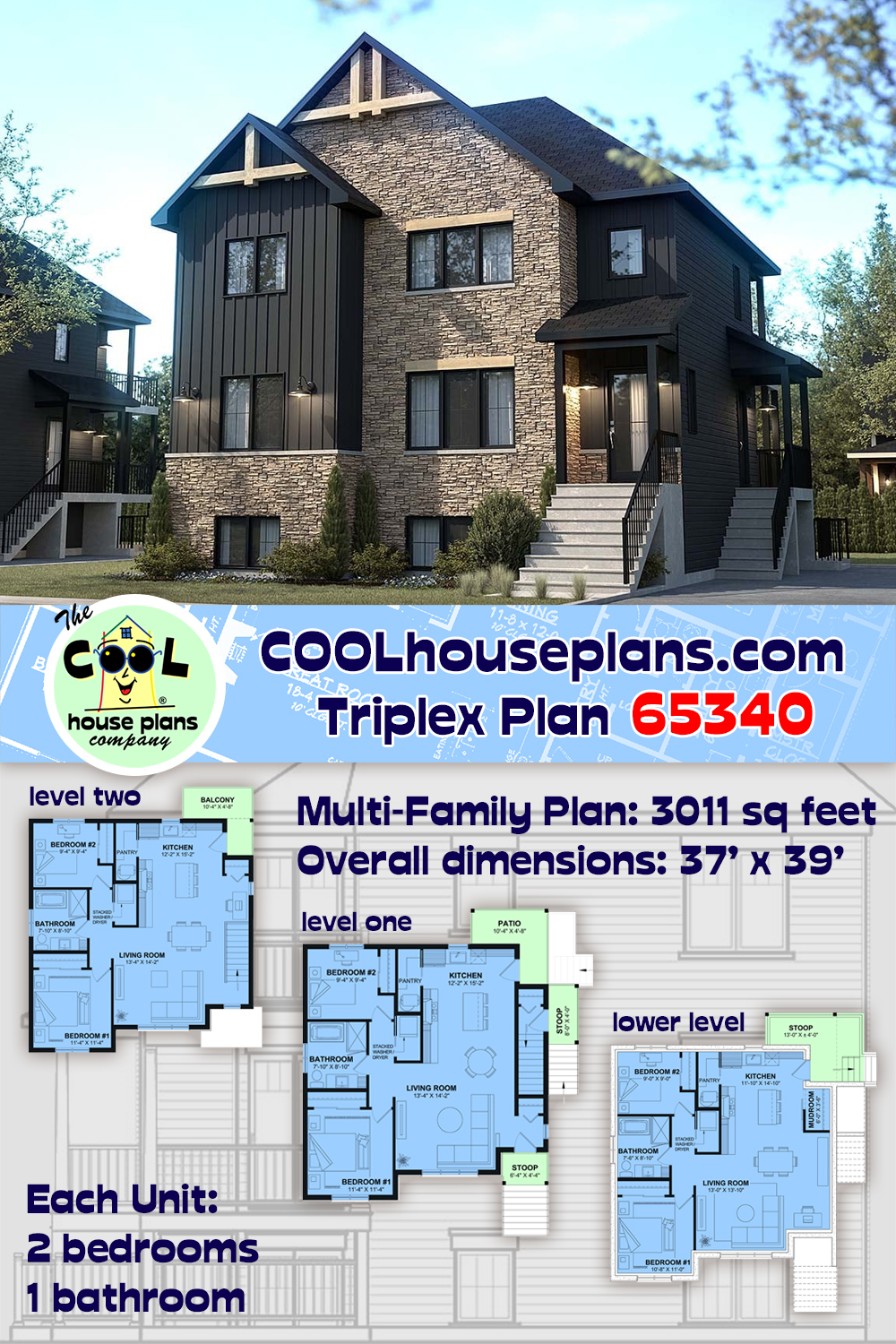 Narrow Lot, Traditional Multi-Family Plan 65340 with 6 Beds, 3 Baths