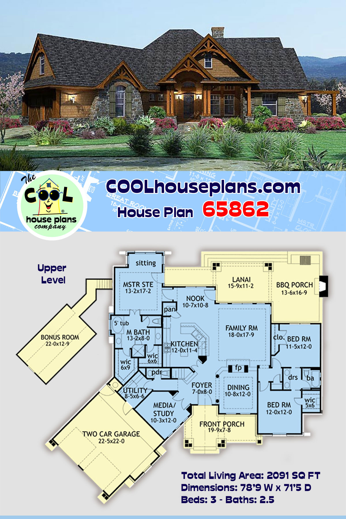 Cottage, Craftsman, Tuscan House Plan 65862 with 3 Beds, 3 Baths, 2 Car Garage