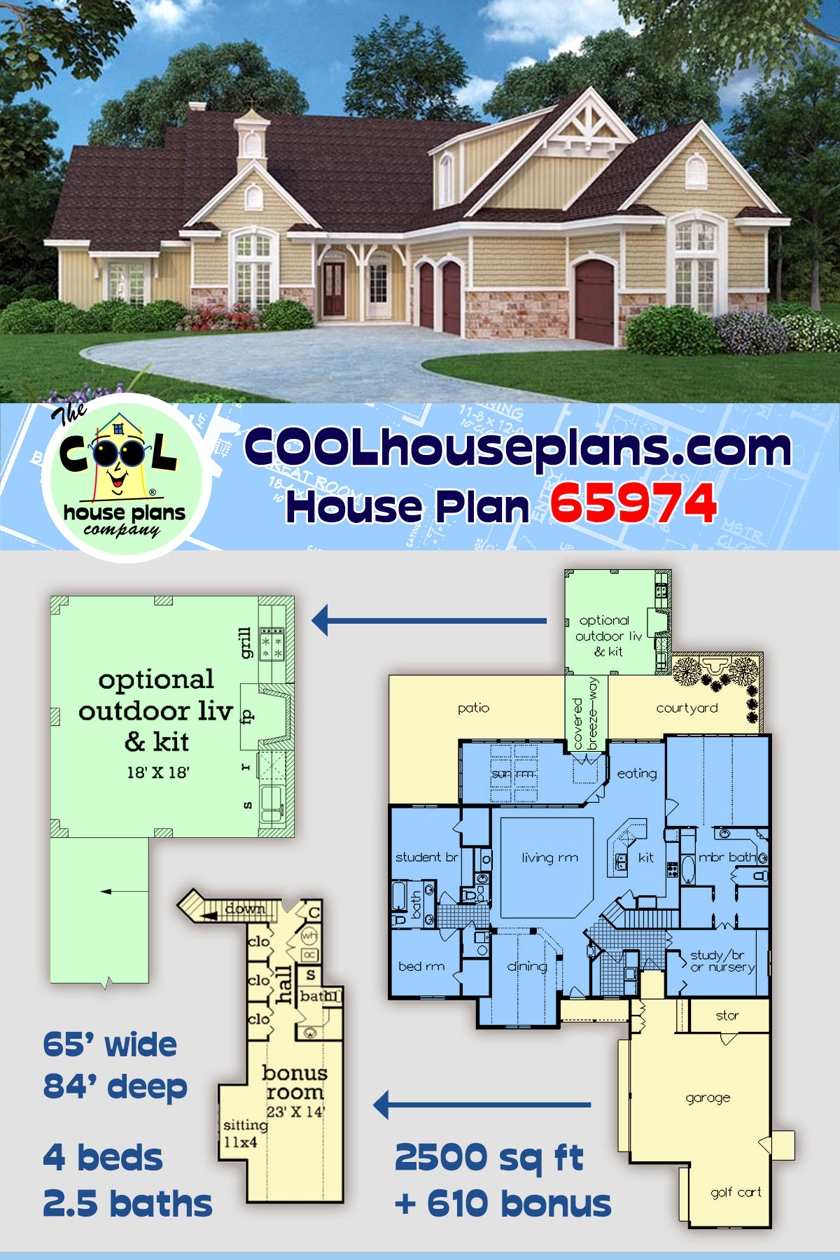 Traditional House Plan 65974 with 4 Beds, 3 Baths, 2 Car Garage