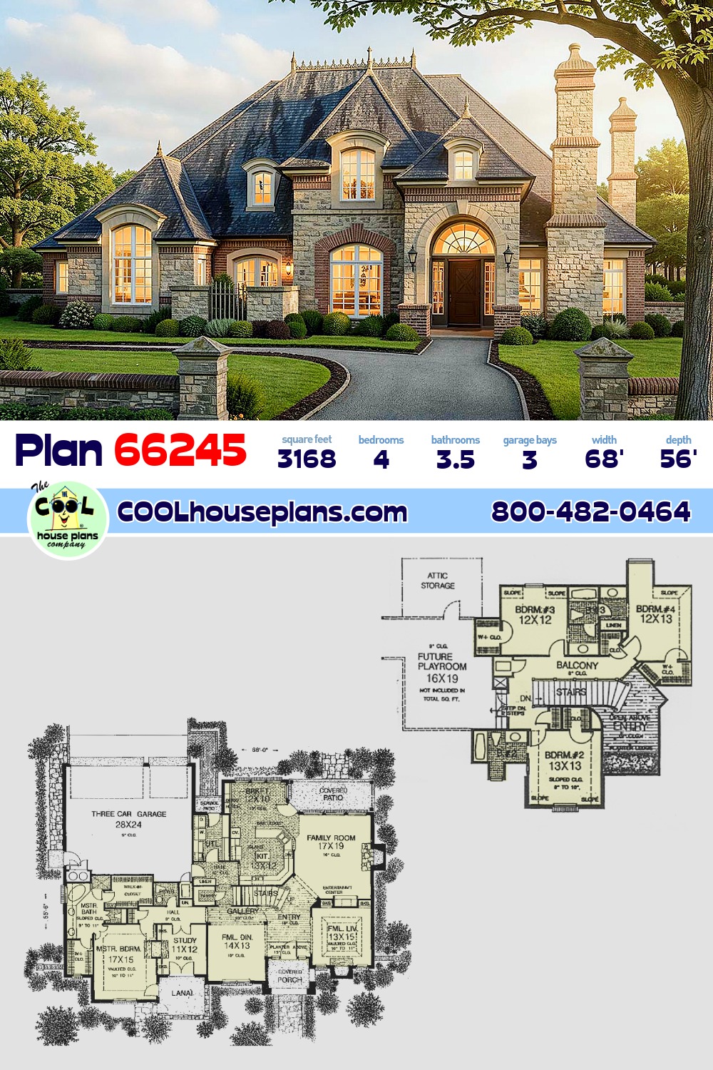 European, French Country House Plan 66245 with 4 Beds, 4 Baths, 3 Car Garage