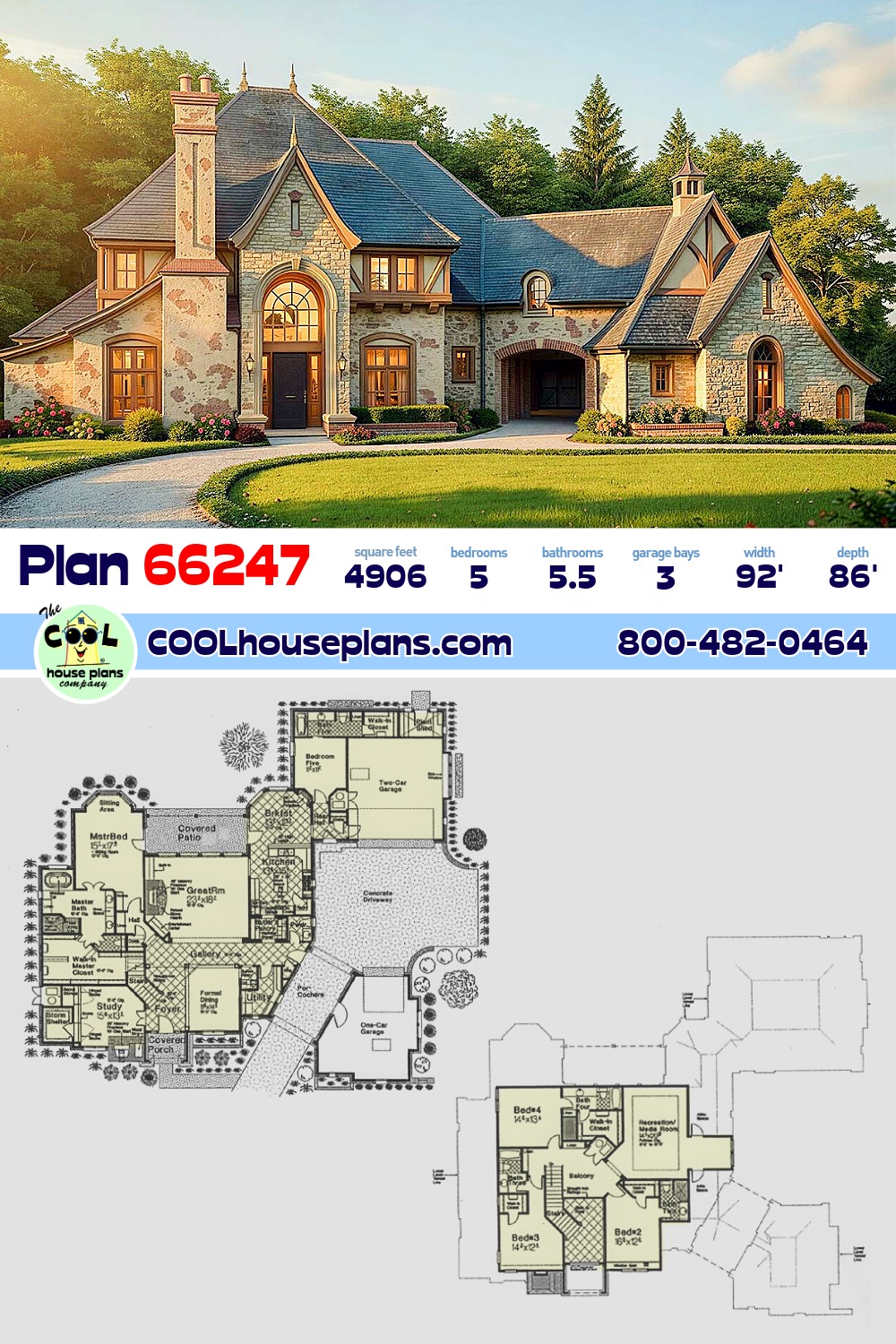 French Country, Southern House Plan 66247 with 5 Beds, 6 Baths, 3 Car Garage