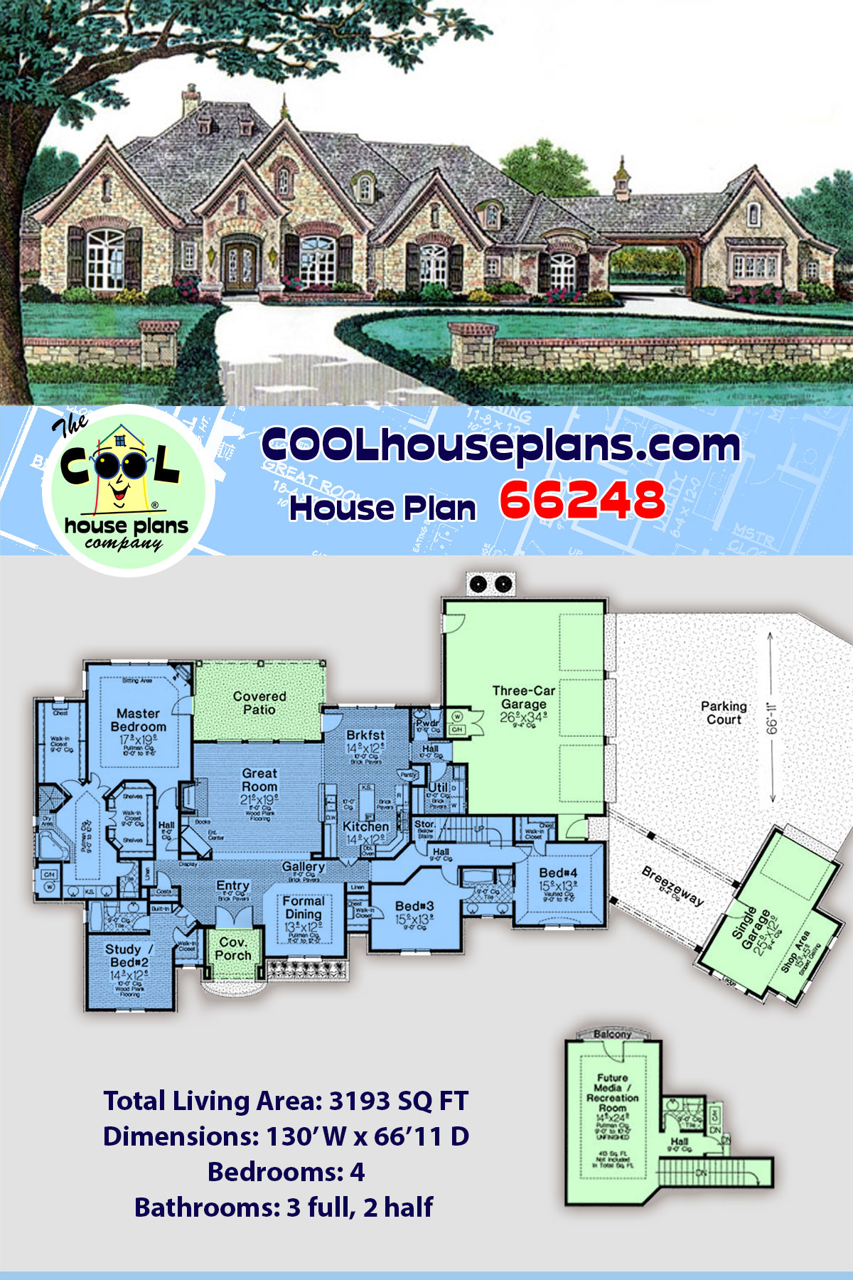 European, French Country House Plan 66248 with 4 Beds, 5 Baths, 4 Car Garage