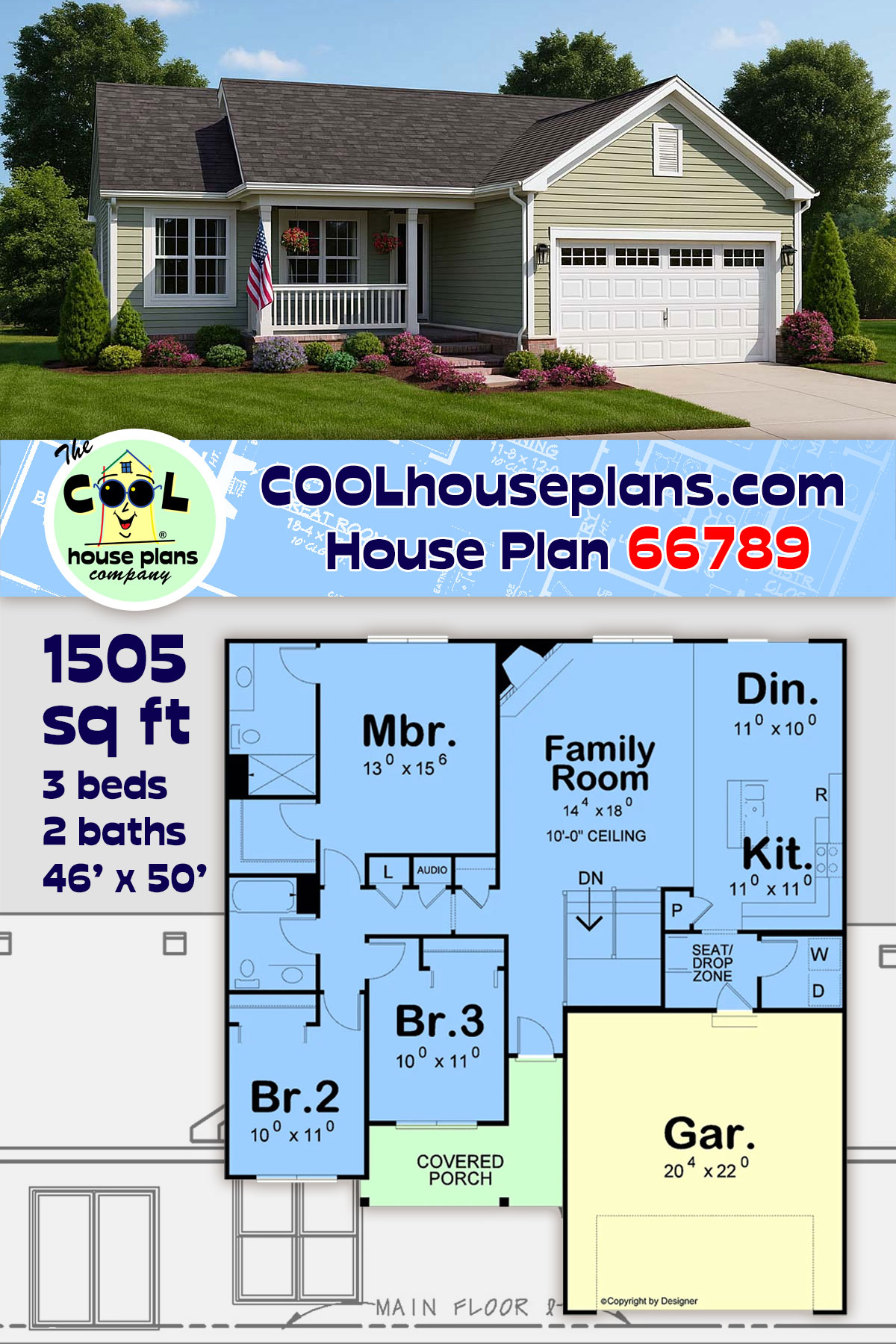 Country, Ranch, Traditional House Plan 66789 with 3 Beds, 2 Baths, 2 Car Garage
