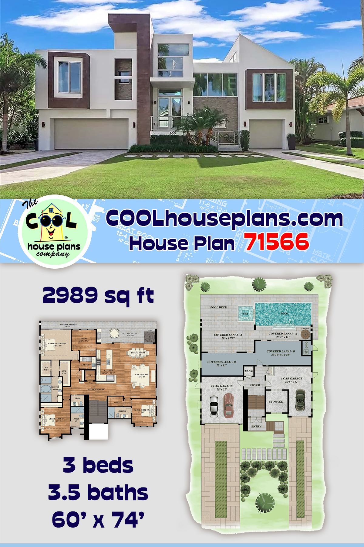 Contemporary House Plan 71566 with 3 Beds, 4 Baths, 3 Car Garage