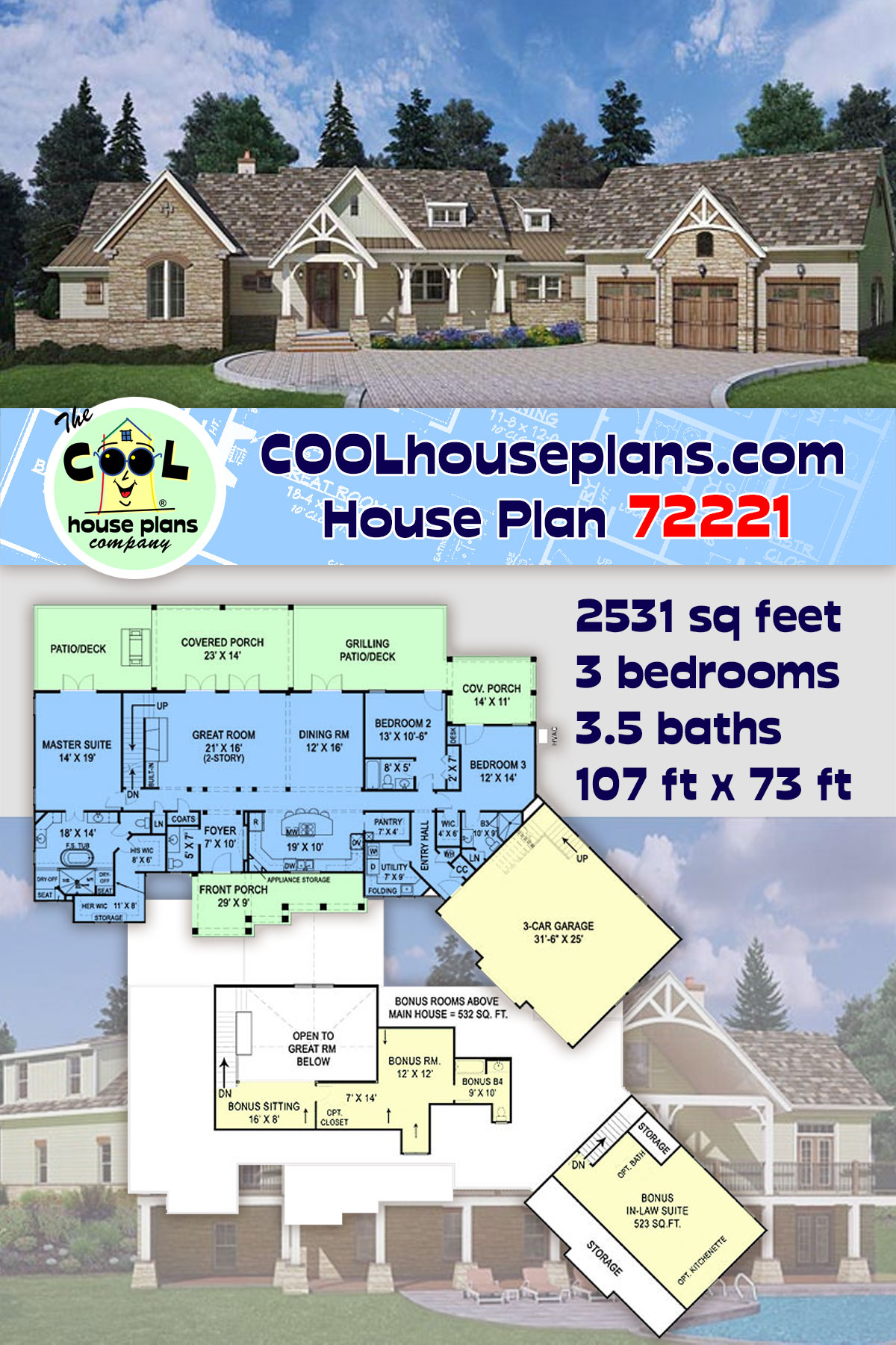 Craftsman, New American, Ranch House Plan 72221 with 3 Beds, 4 Baths, 3 Car Garage