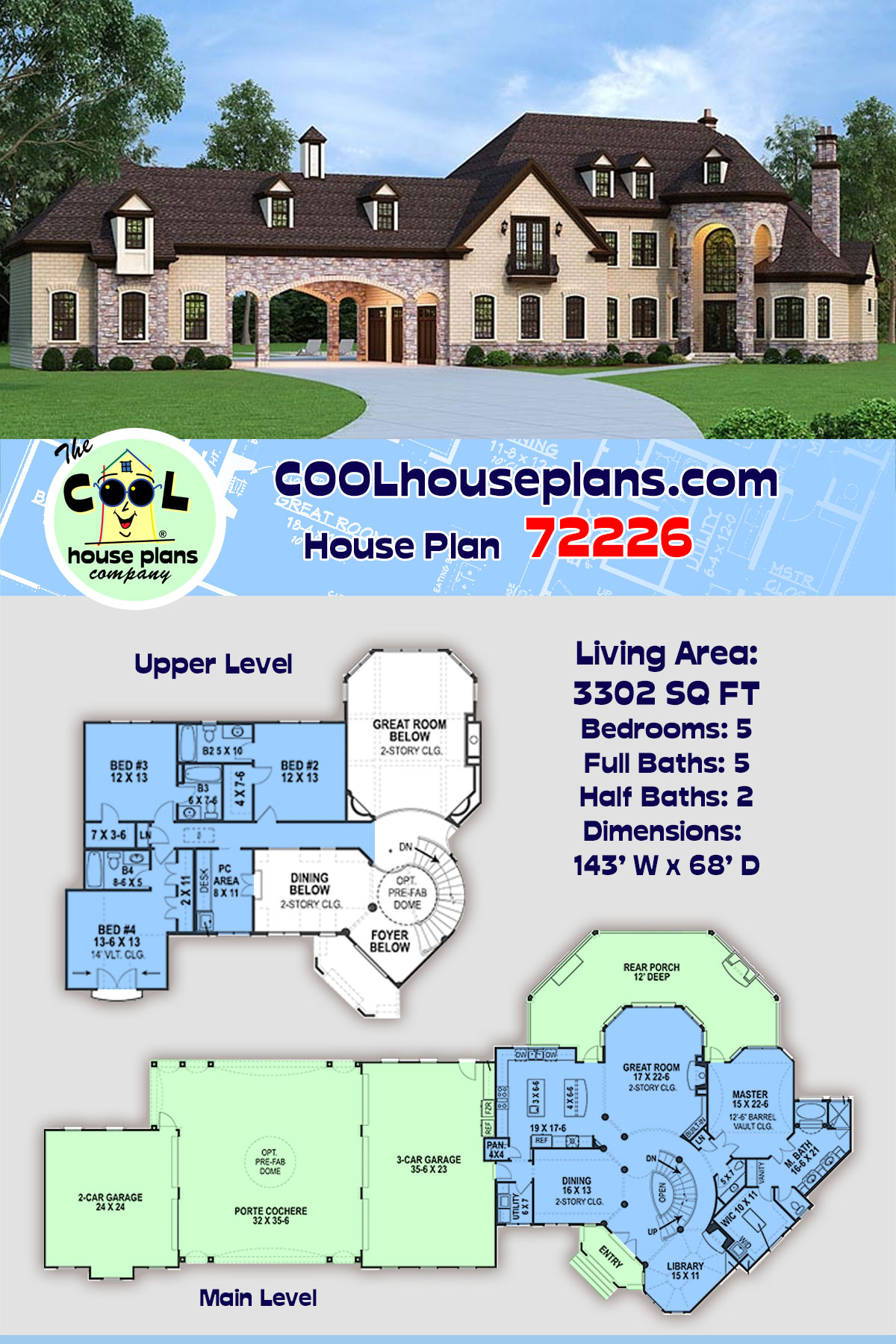 European, French Country House Plan 72226 with 4 Beds, 4 Baths, 5 Car Garage