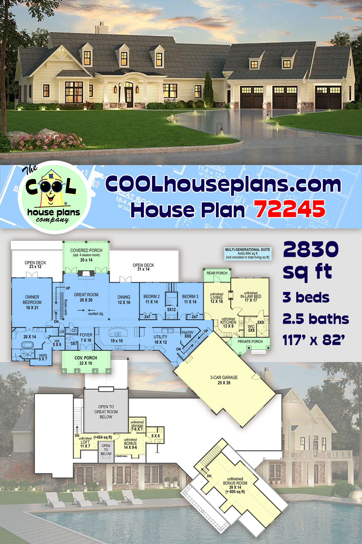 Country, Craftsman, Traditional House Plan 72245 with 3 Beds, 3 Baths, 3 Car Garage