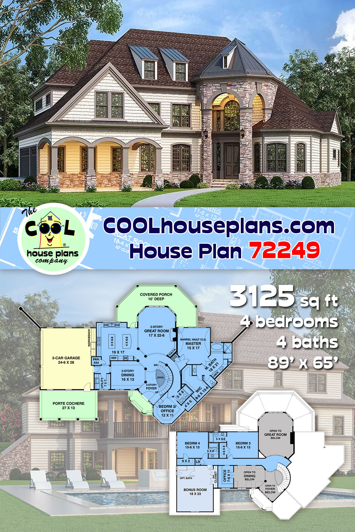 Country, European, French Country House Plan 72249 with 4 Beds, 4 Baths, 3 Car Garage