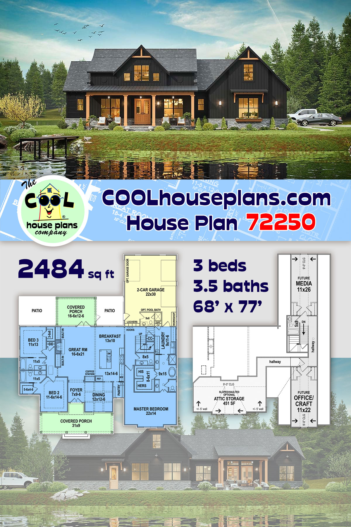 Country, Farmhouse, One-Story, Southern House Plan 72250 with 3 Beds, 4 Baths, 2 Car Garage