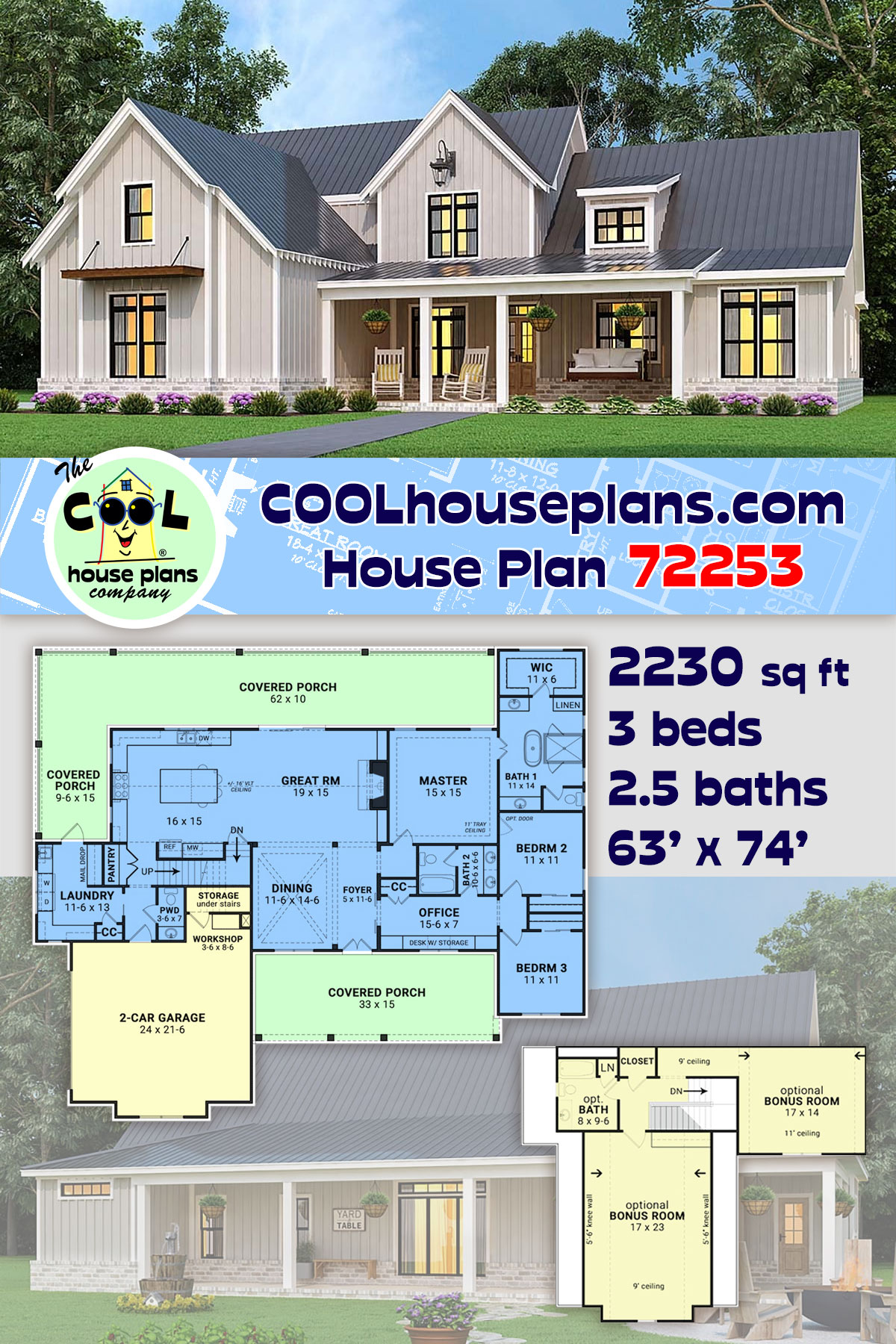 Farmhouse, Ranch, Traditional House Plan 72253 with 3 Beds, 3 Baths, 2 Car Garage