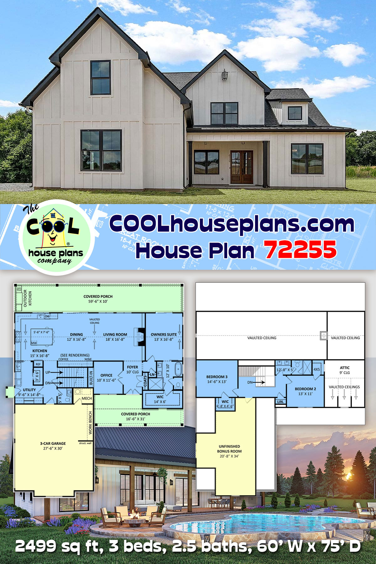 Farmhouse House Plan 72255 with 3 Beds, 3 Baths, 3 Car Garage