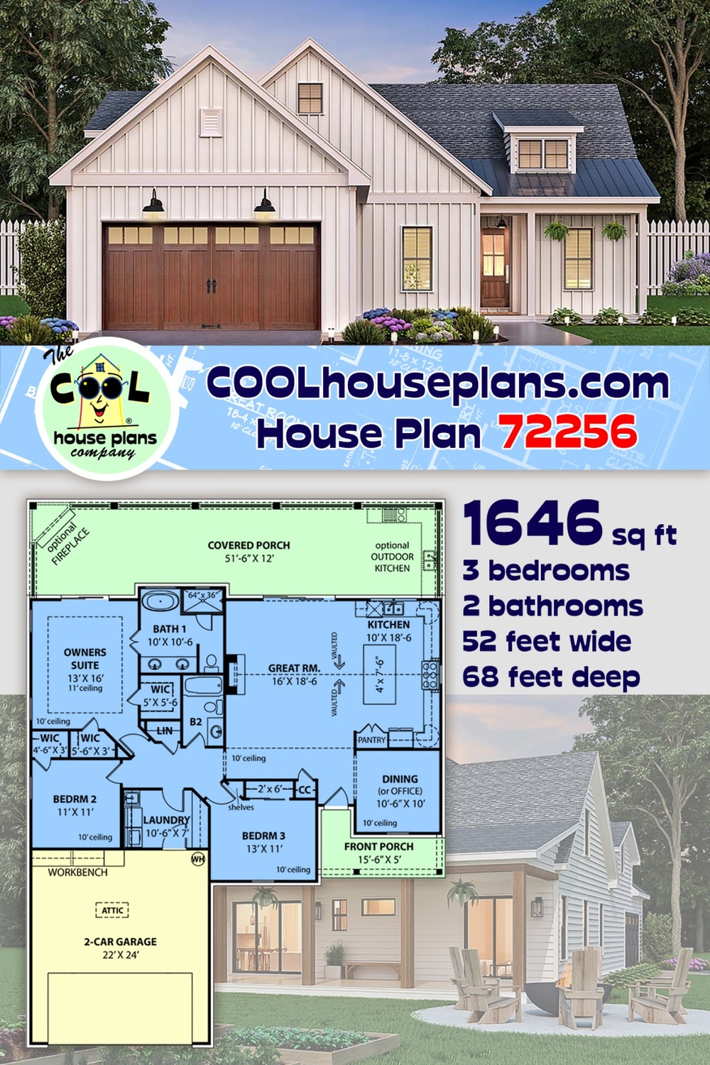 Country, Farmhouse, New American, Ranch House Plan 72256 with 3 Beds, 2 Baths, 2 Car Garage