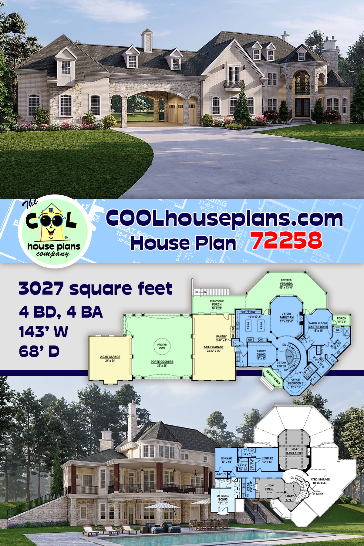 European, French Country House Plan 72258 with 4 Beds, 5 Baths, 5 Car Garage