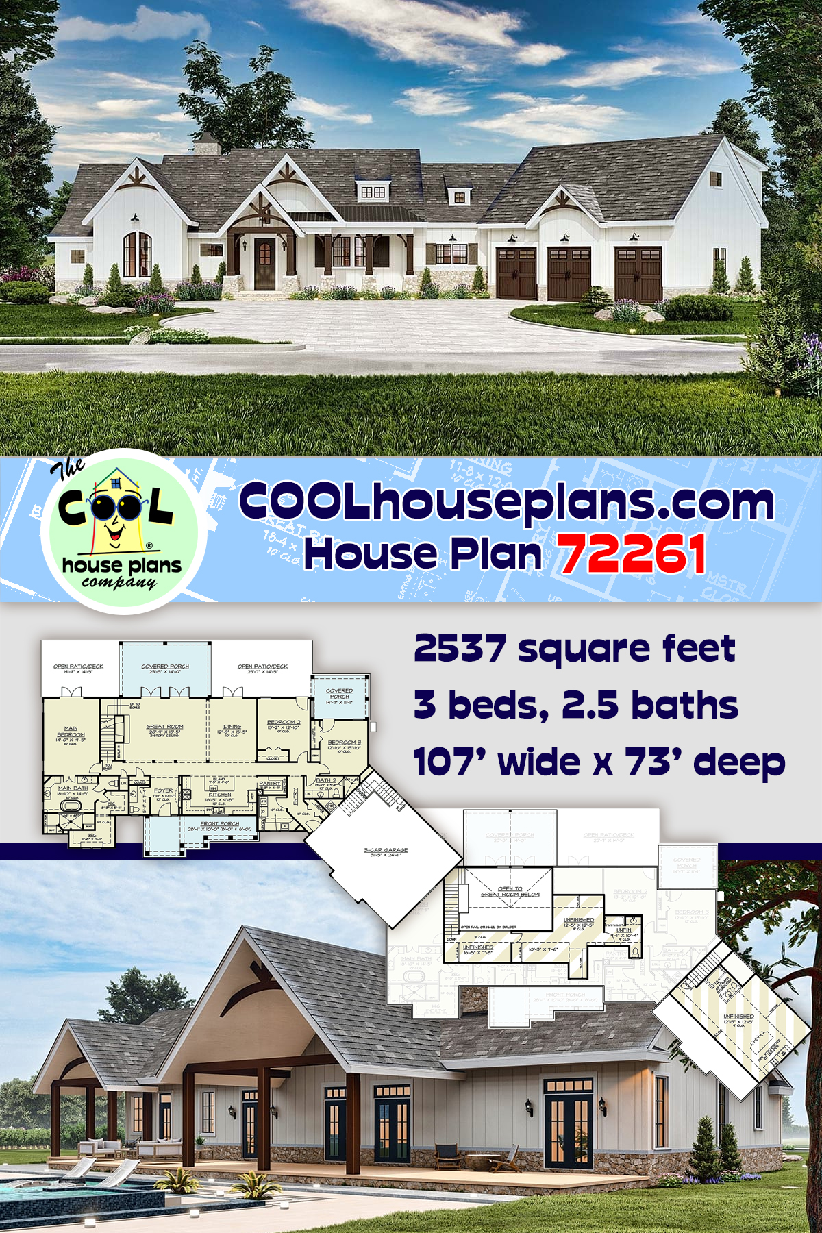 Country, Craftsman, Farmhouse, New American, Traditional House Plan 72261 with 3 Beds, 3 Baths, 3 Car Garage