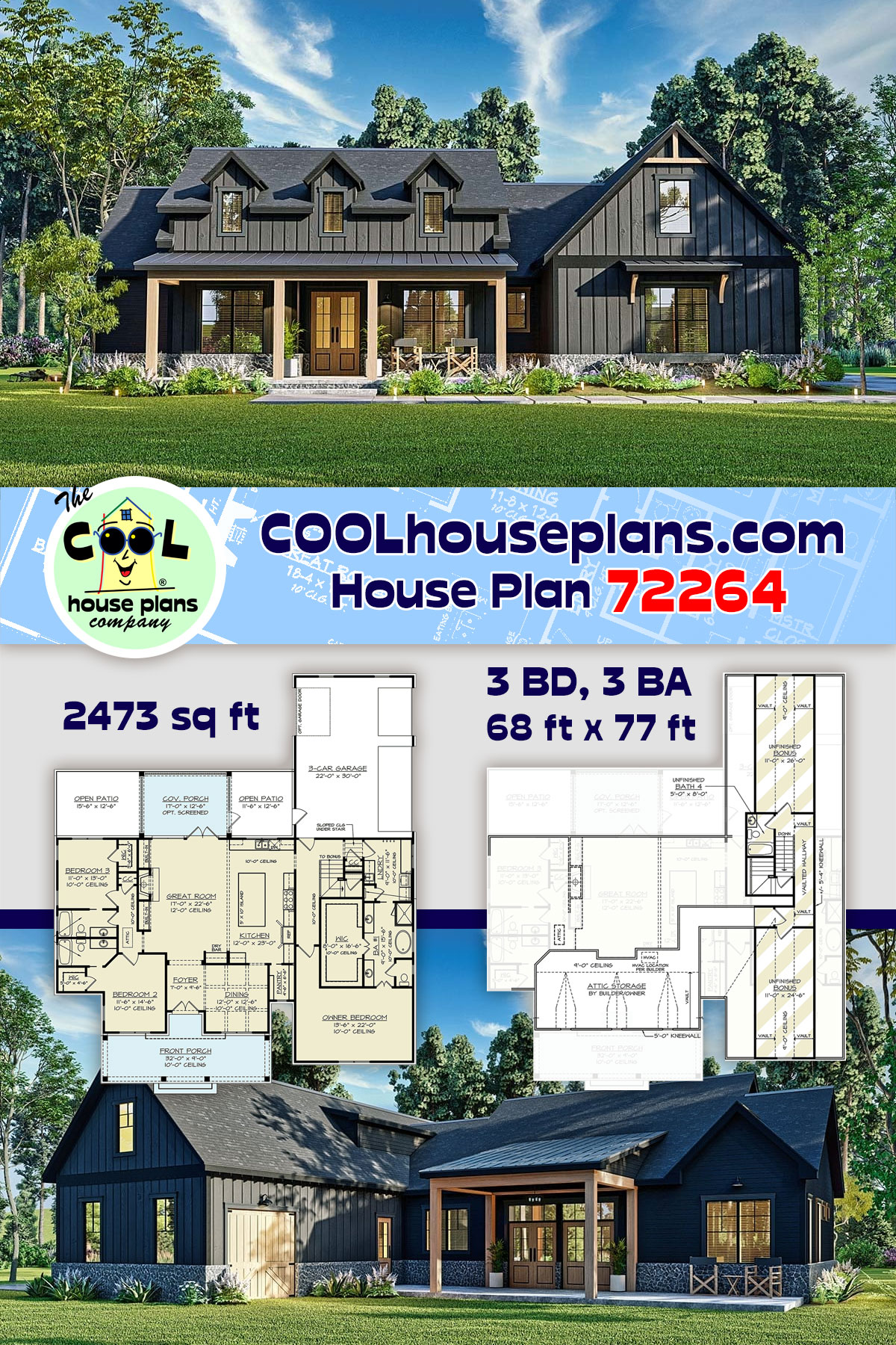 Country, Craftsman, Farmhouse House Plan 72264 with 3 Beds, 3 Baths, 3 Car Garage