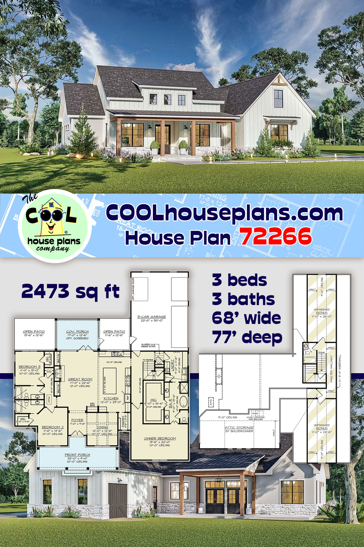 Country, Farmhouse, New American House Plan 72266 with 3 Beds, 3 Baths, 3 Car Garage