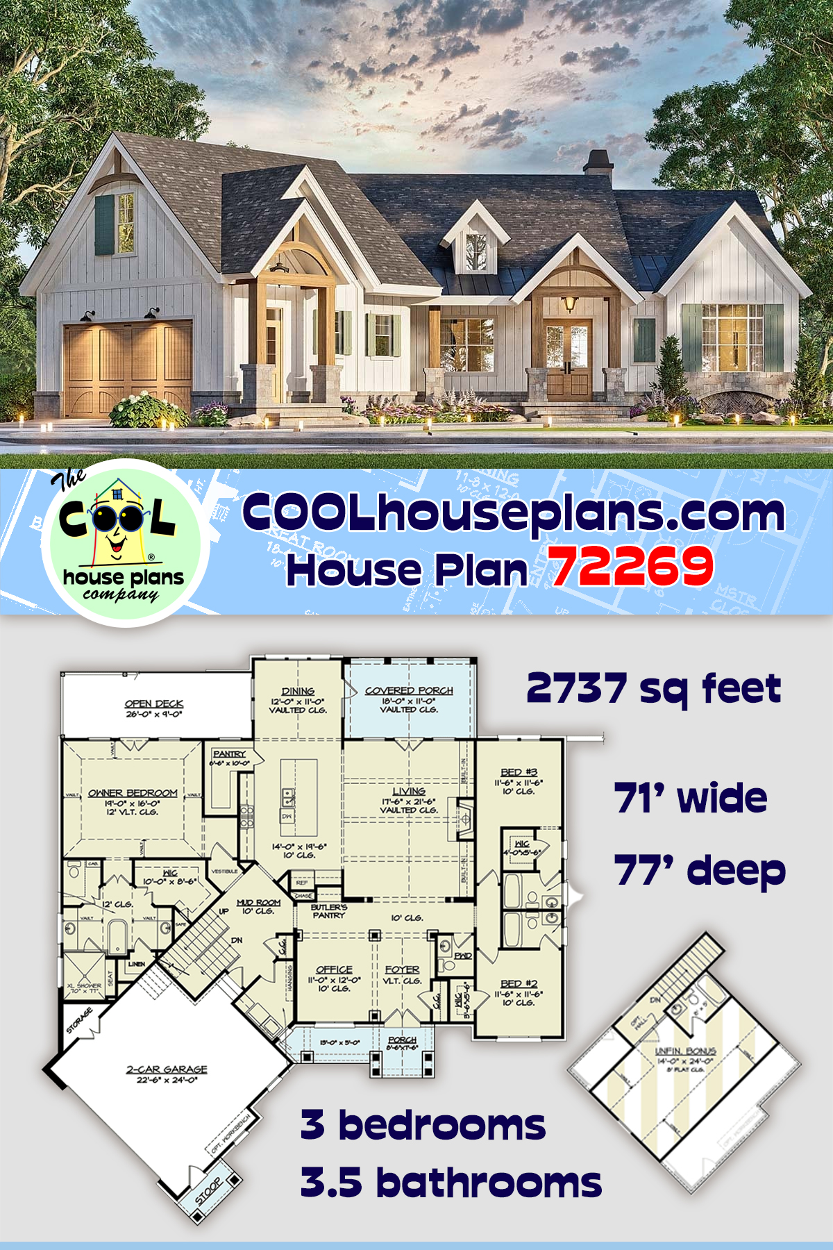 Craftsman House Plan 72269 with 3 Beds, 4 Baths, 2 Car Garage