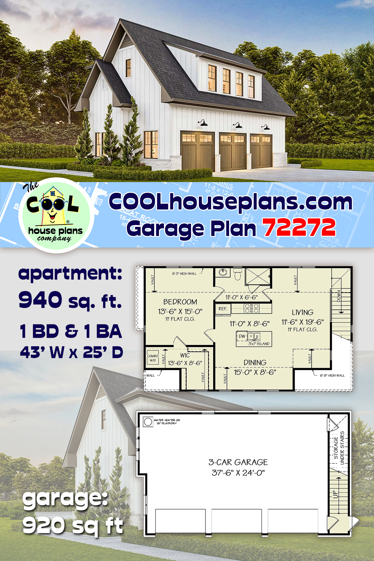 Country, New American, Traditional Garage-Living Plan 72272 with 1 Beds, 1 Baths, 3 Car Garage