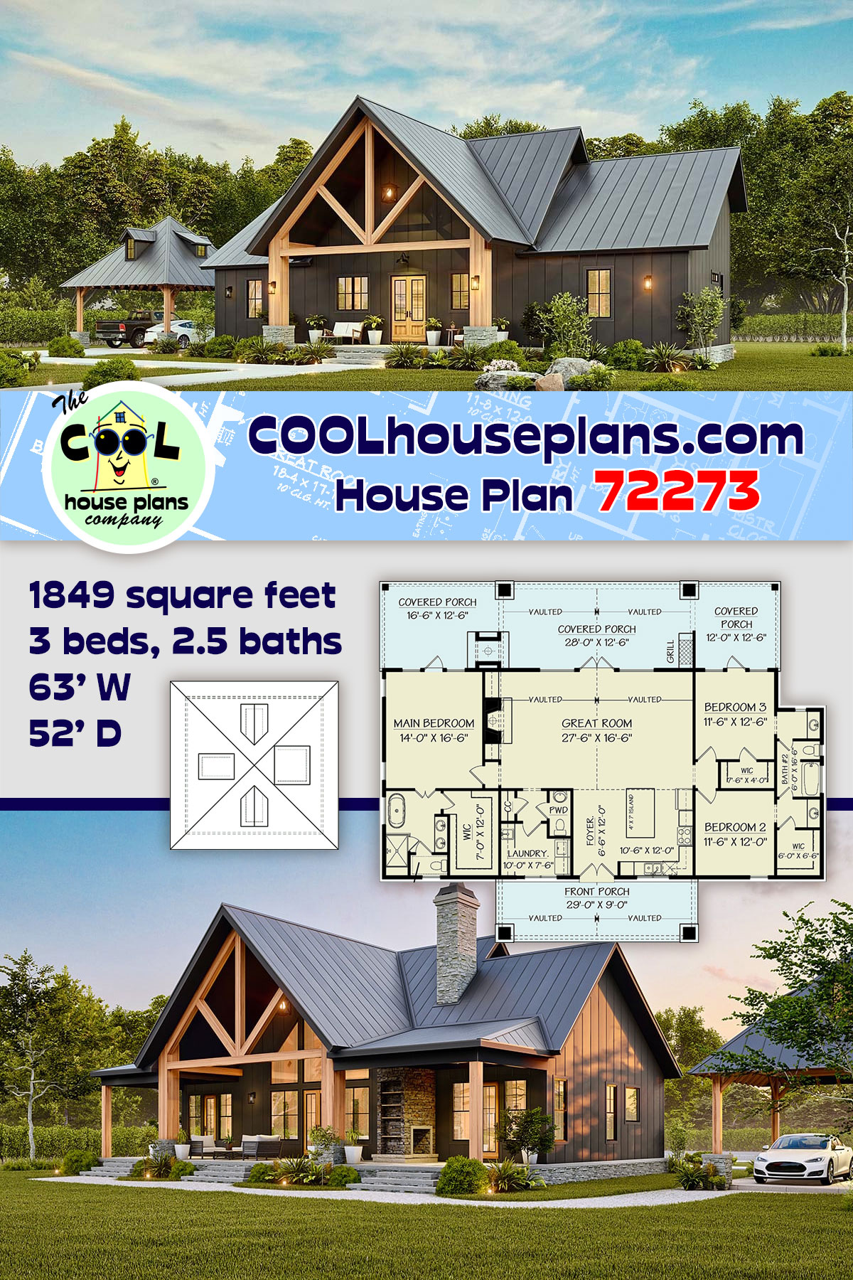 Country, Craftsman, Farmhouse House Plan 72273 with 3 Beds, 3 Baths, 2 Car Garage