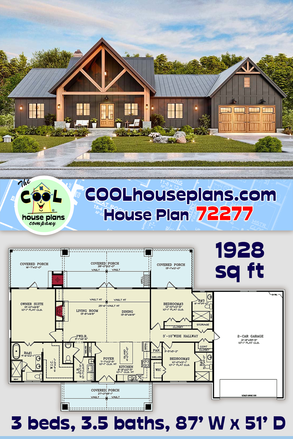 Country, Craftsman, Farmhouse House Plan 72277 with 3 Beds, 4 Baths, 2 Car Garage